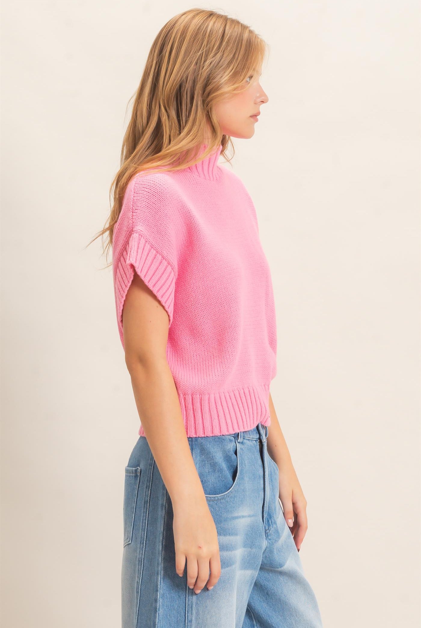 Wholesale Ribbed Mock Neck Sweater Vest Sweaters HF26F186-D PINK HYFVE