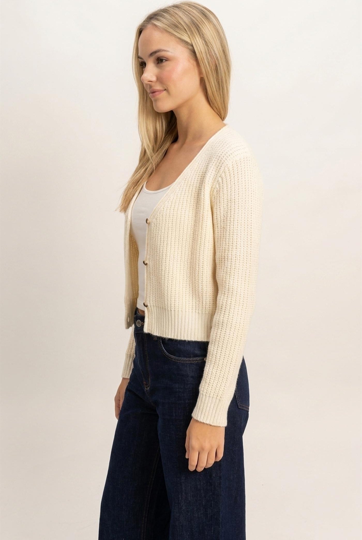 Wholesale V-Neck Ribbed Cardigan Cardigans DZ26E106 IVORY DOUBLE ZERO