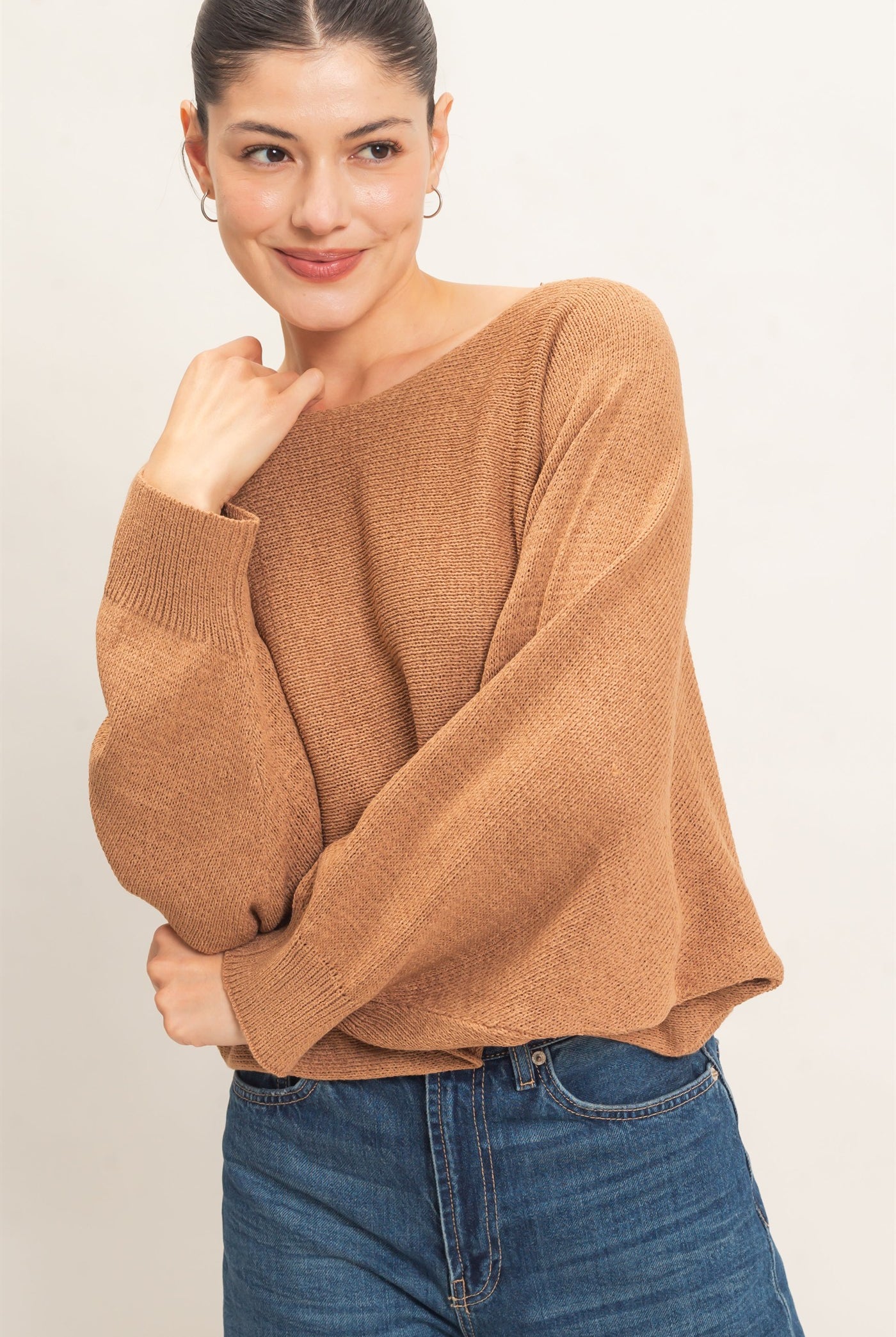 Wholesale Loose Knit Boat Neck Sweater Sweaters HF26E896 TAUPE HYFVE
