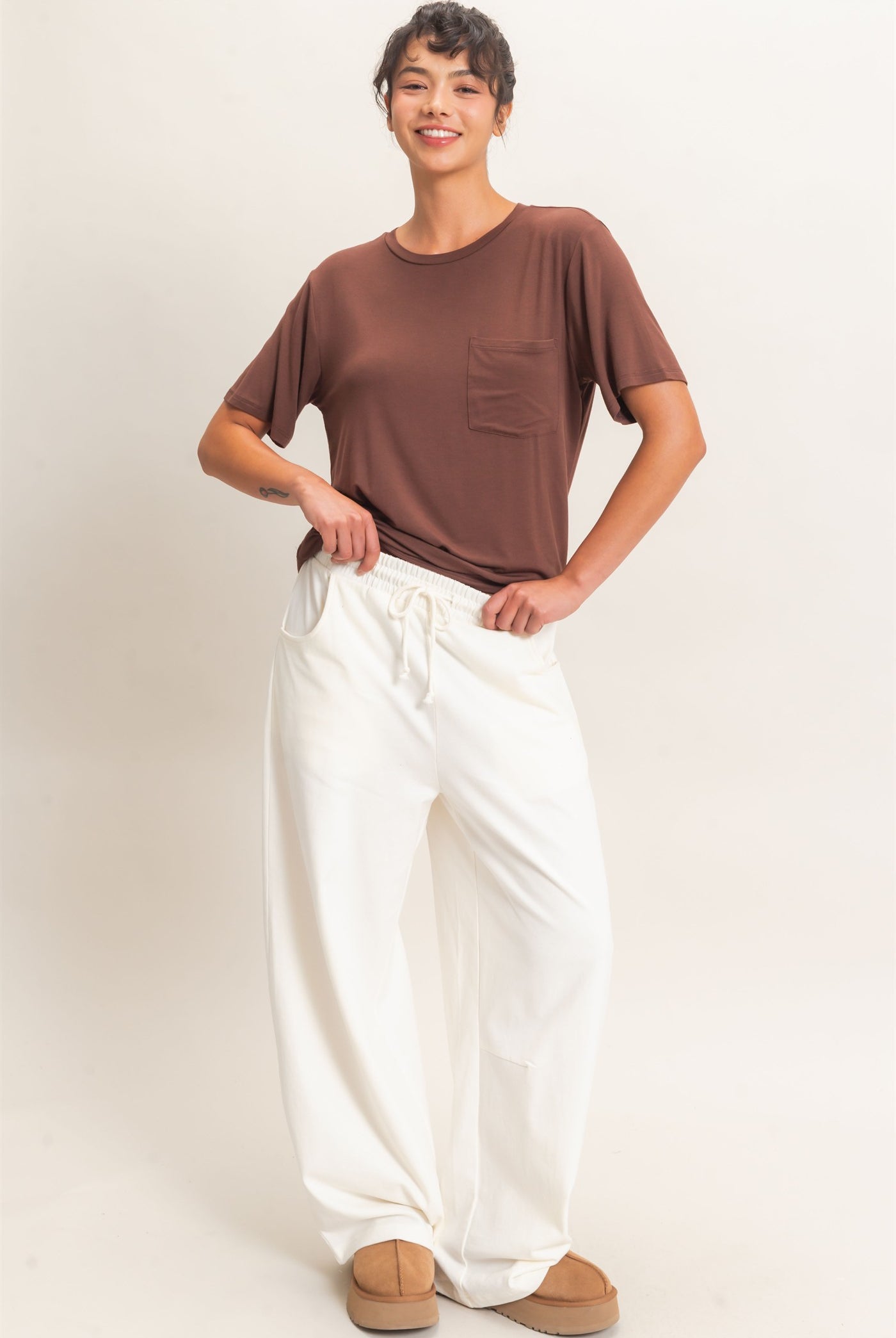 Wholesale Washed Barrel Sweatpants Pants DZ26E379 CREAM DOUBLE ZERO