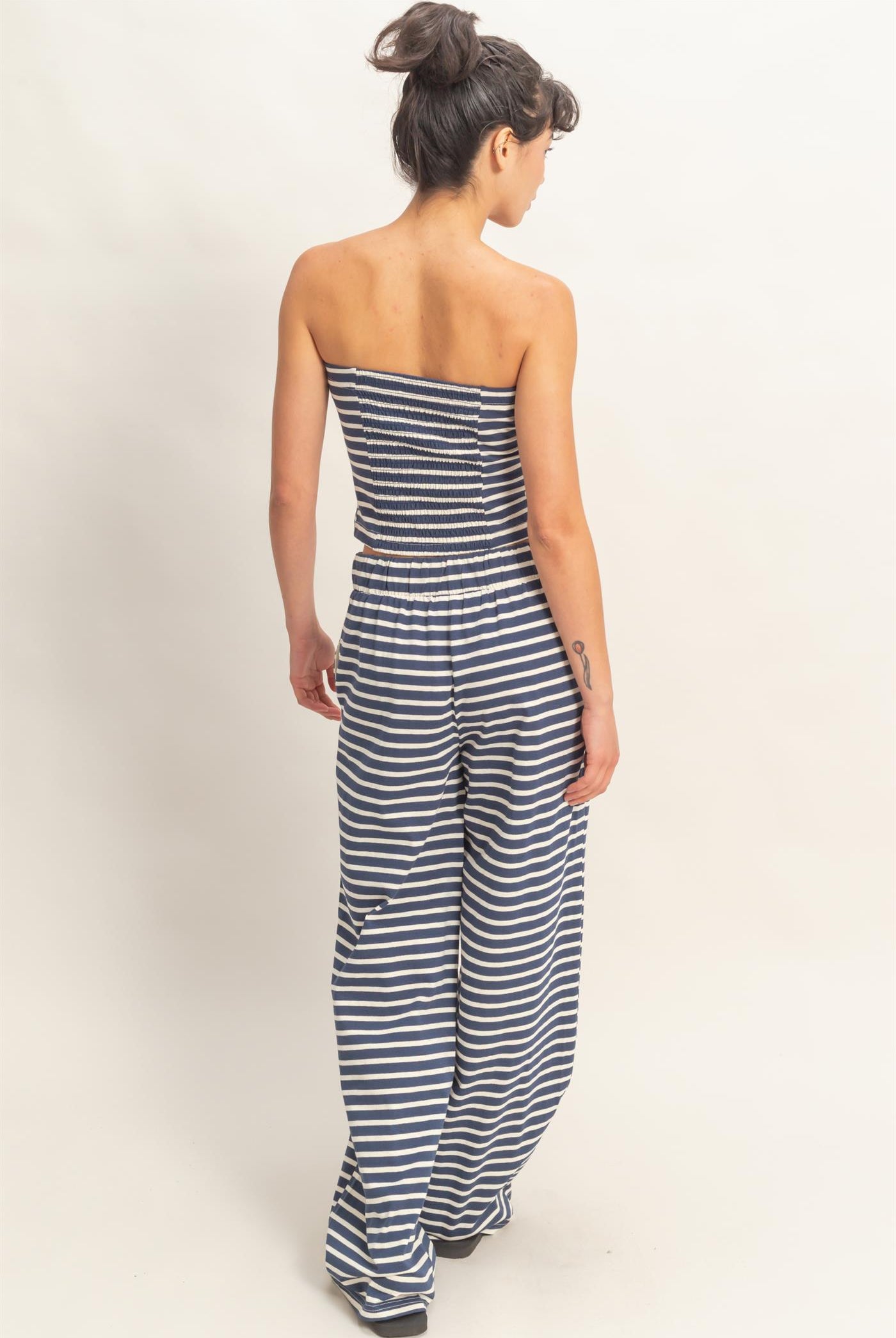 Wholesale Striped Jersey Tube Top And Pants Set Clothing DZ26C621-SET NAVY DOUBLE ZERO