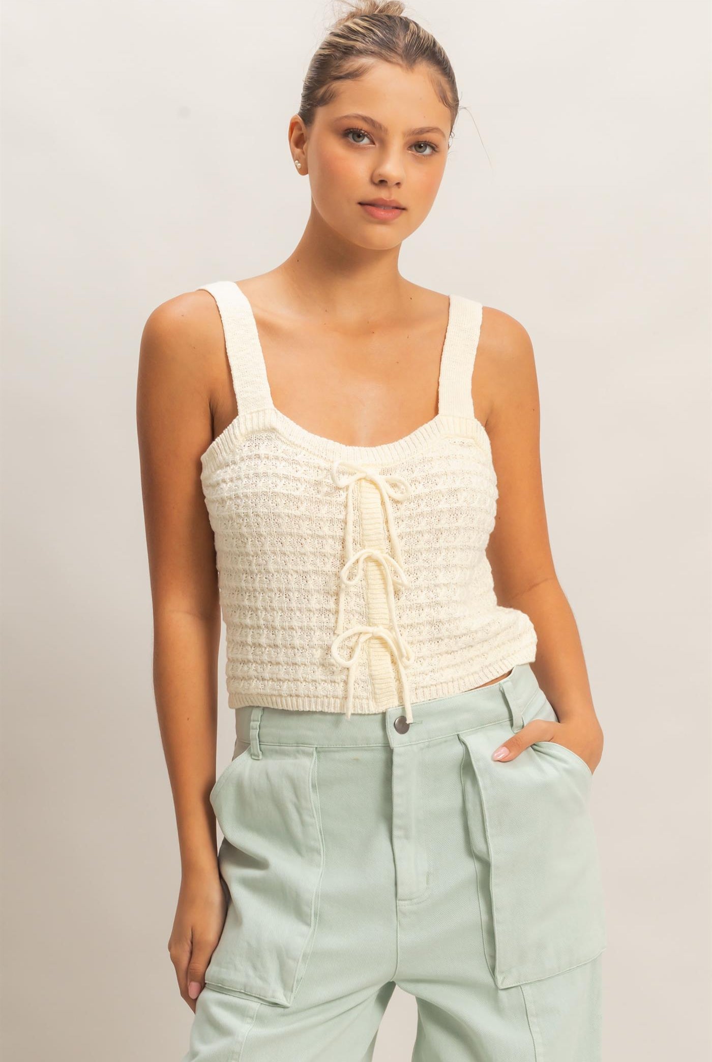 Wholesale Textured Knit Tank Clothing Tops HF26C002 CREAM HYFVE