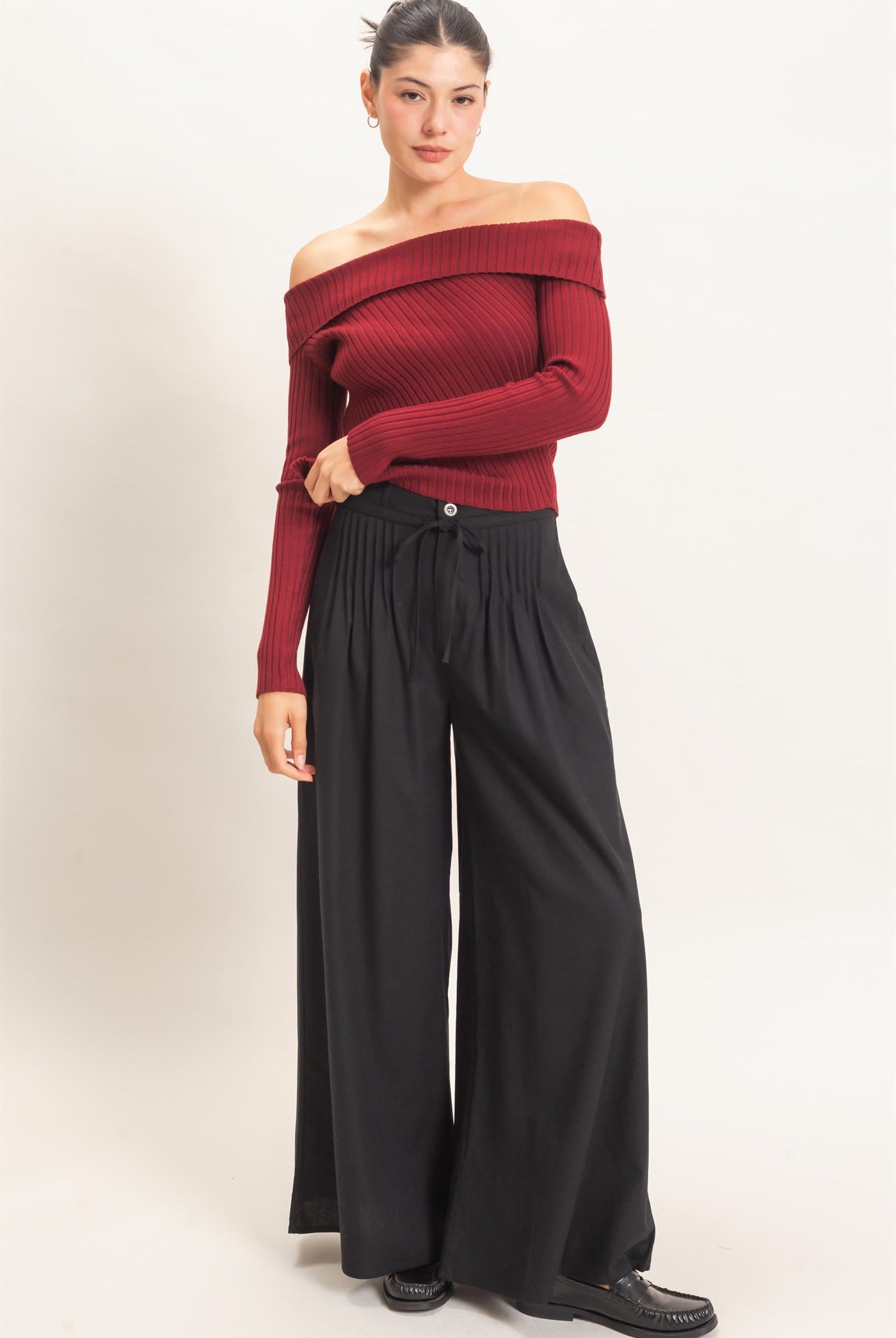 Wholesale Ribbed Off-Shoulder Sweater Sweaters HF26E937 BURGUNDY HYFVE