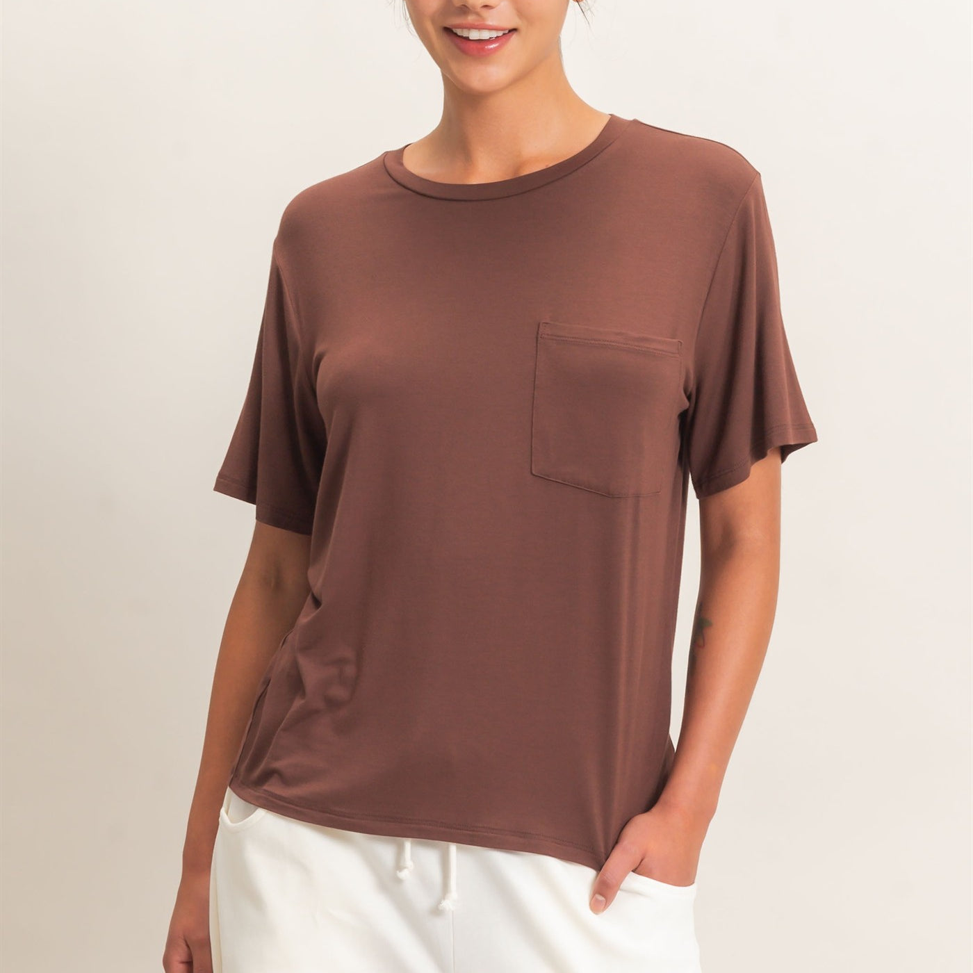 Wholesale Crew Neck Pocket Tee Clothing Tops DZ26E254 DARK BROWN DOUBLE ZERO