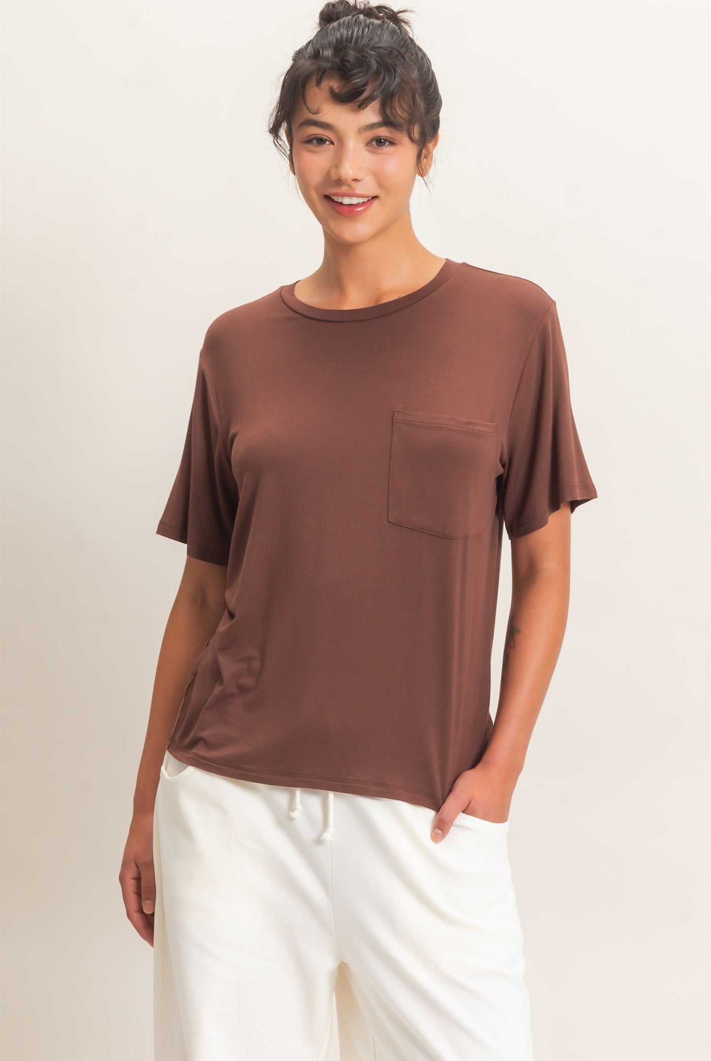 Wholesale Crew Neck Pocket Tee Clothing Tops DZ26E254 DARK BROWN DOUBLE ZERO