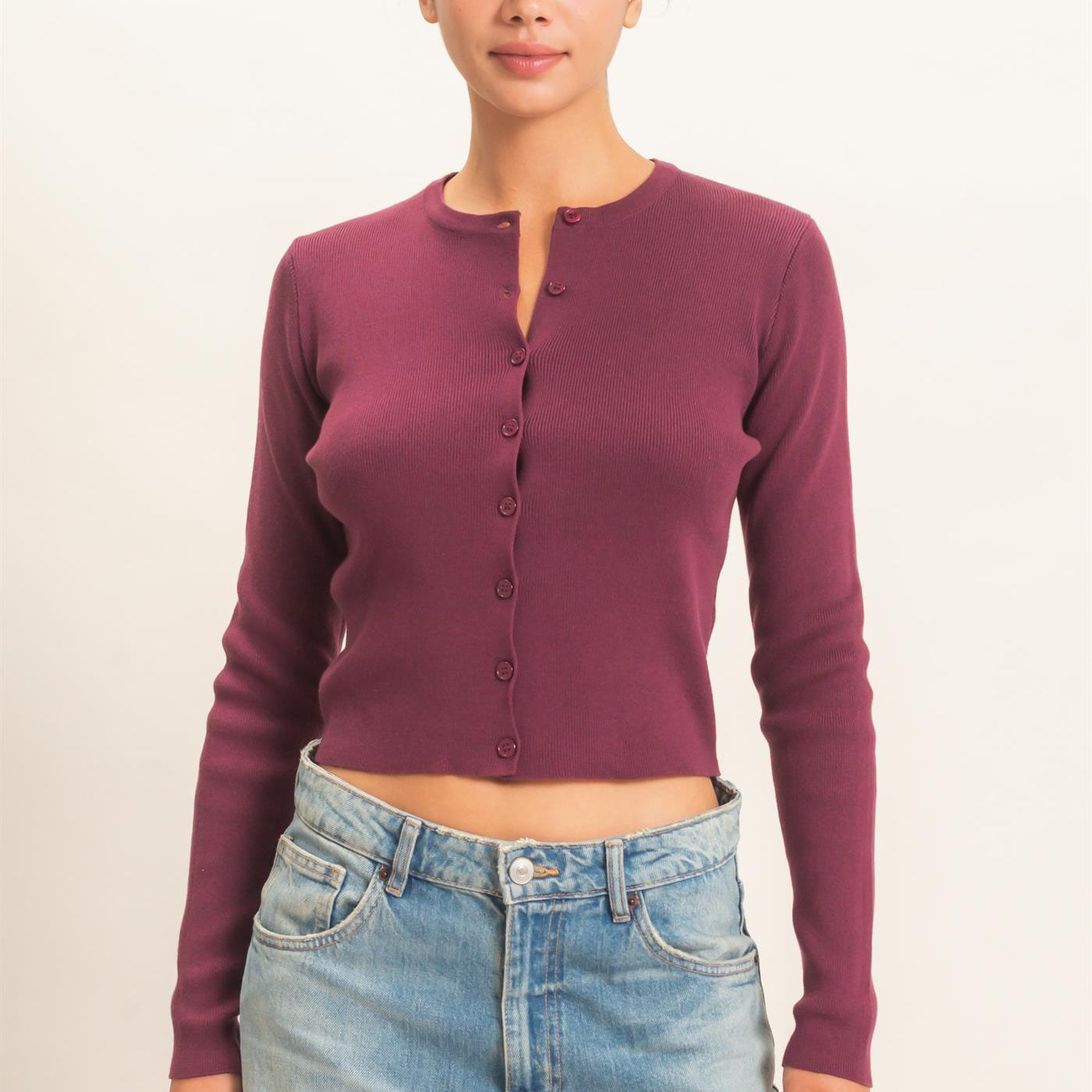 Wholesale Ribbed Crew Neck Cardigan Cardigans DZ27A153 DARK CHERRY DOUBLE ZERO