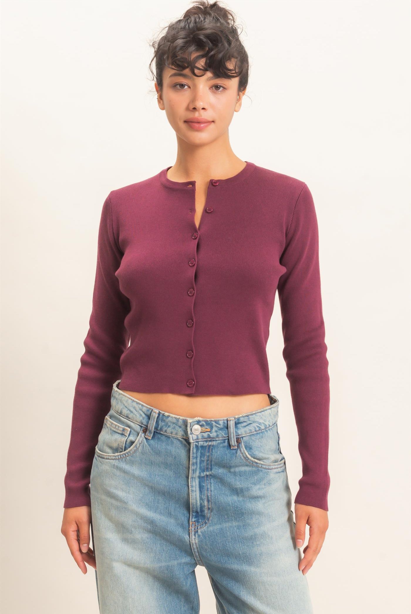 Wholesale Ribbed Crew Neck Cardigan Cardigans DZ27A153 DARK CHERRY DOUBLE ZERO