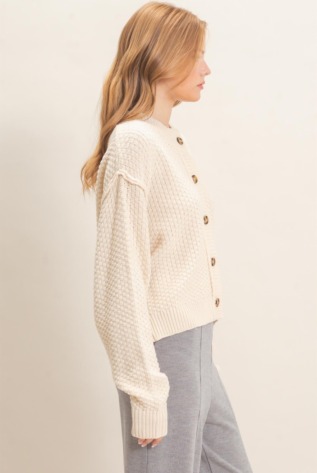Wholesale Textured Knit Button-Front Cardigan Cardigans HF26C409 IVORY HYFVE