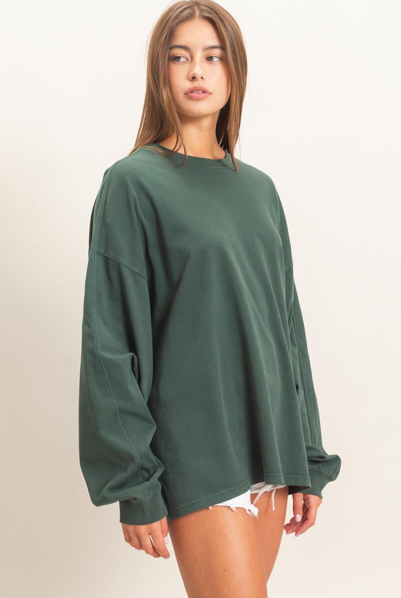 Wholesale Pigment Dye Oversized Long Sleeve Top Clothing Tops DZ26A825 DARK GREEN DOUBLE ZERO