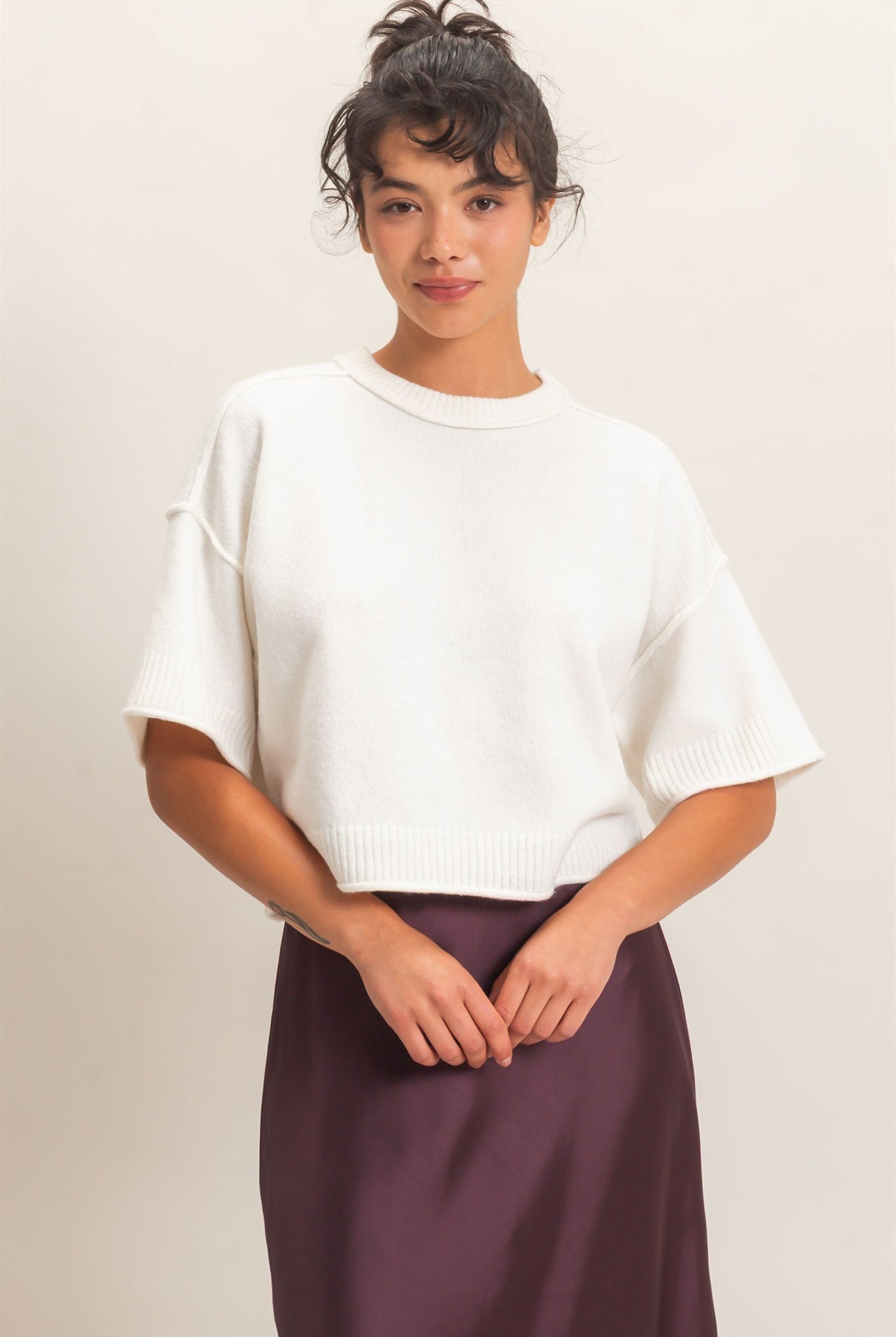 Wholesale Seam Detail Short Sleeve Knit Top Clothing Tops DZ26A827 WHIP CREAM DOUBLE ZERO