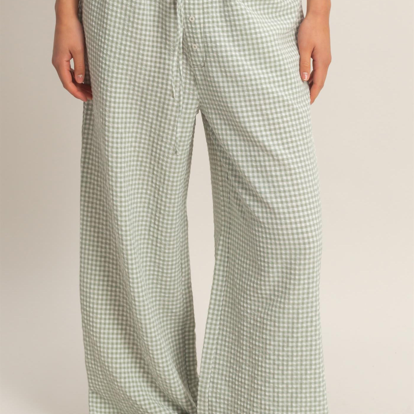 Wholesale Gingham Drawstring Wide-Leg Pants Pants DZ26C202 SAGE GREEN DOUBLE ZERO