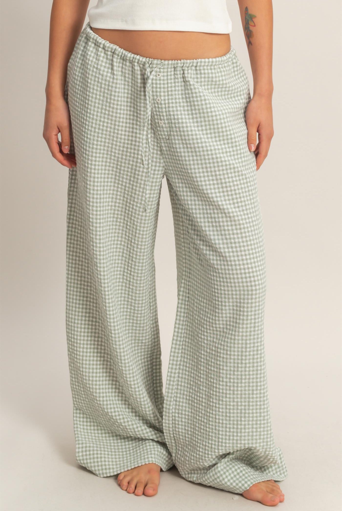 Wholesale Gingham Drawstring Wide-Leg Pants Pants DZ26C202 SAGE GREEN DOUBLE ZERO