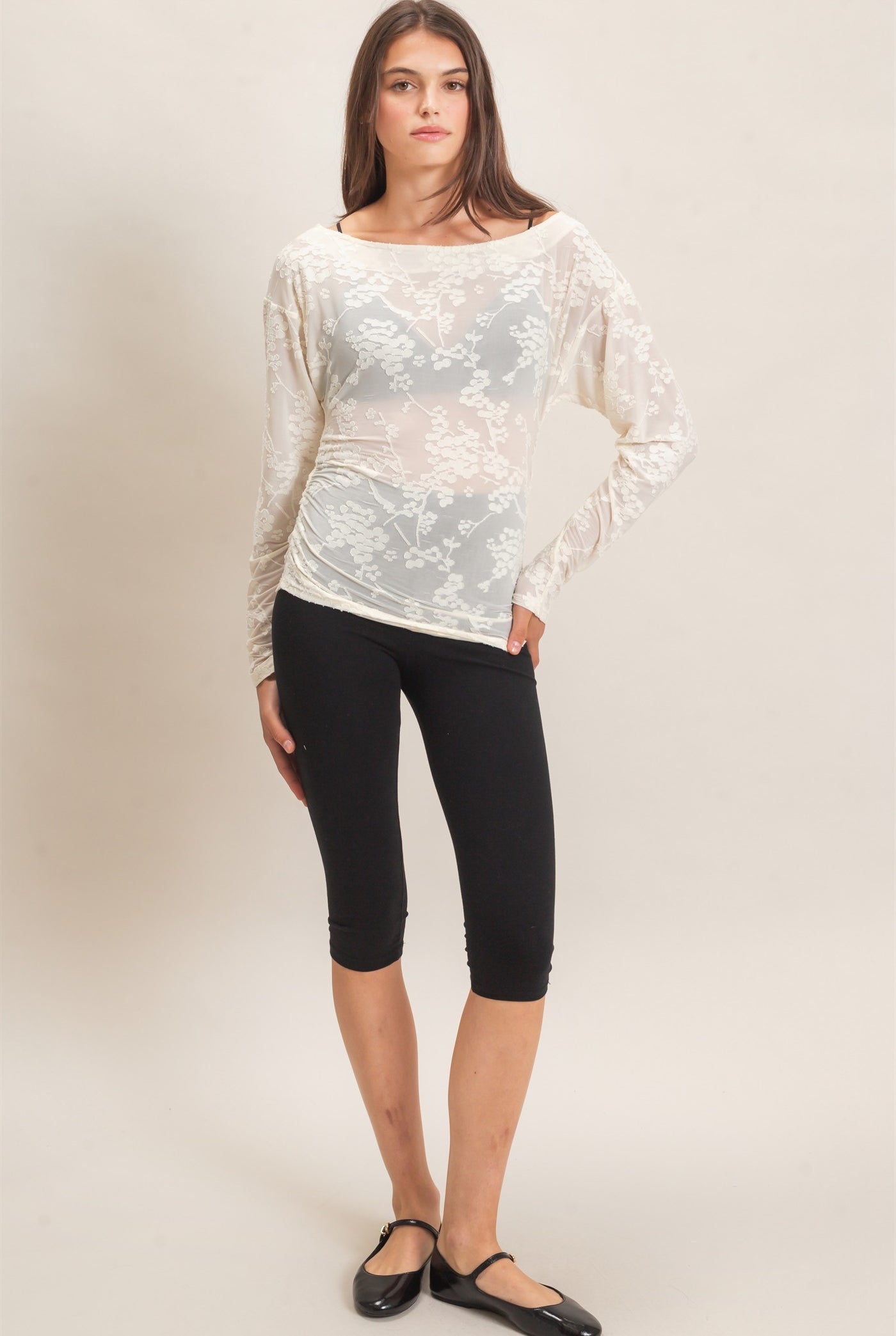 Wholesale Sheer Lace Boat Neck Top Blouses HF26E761 IVORY HYFVE