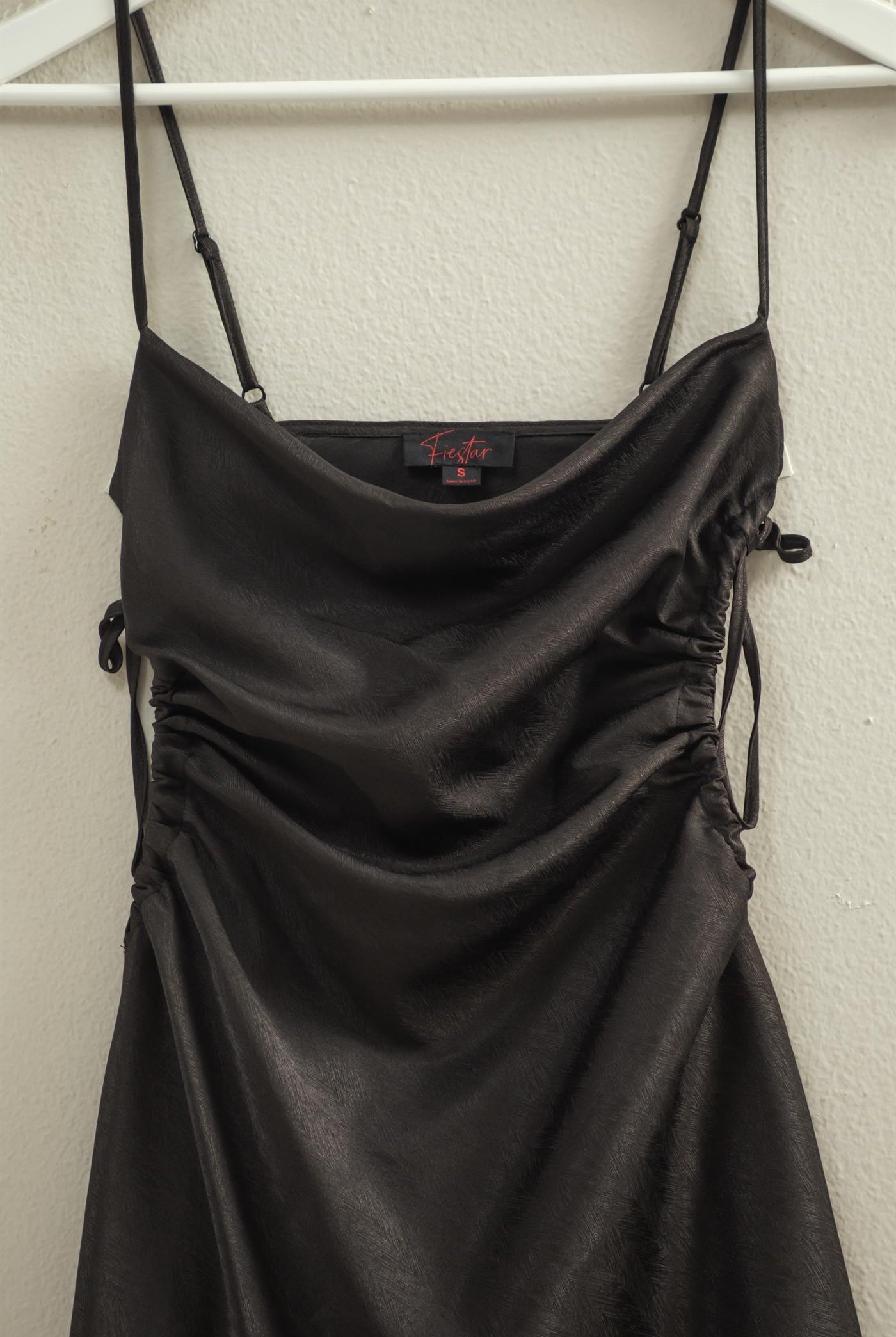 Wholesale Satin Ruched Side Cutout Mini Dress Dresses FS22A672 BLACK HYFVE