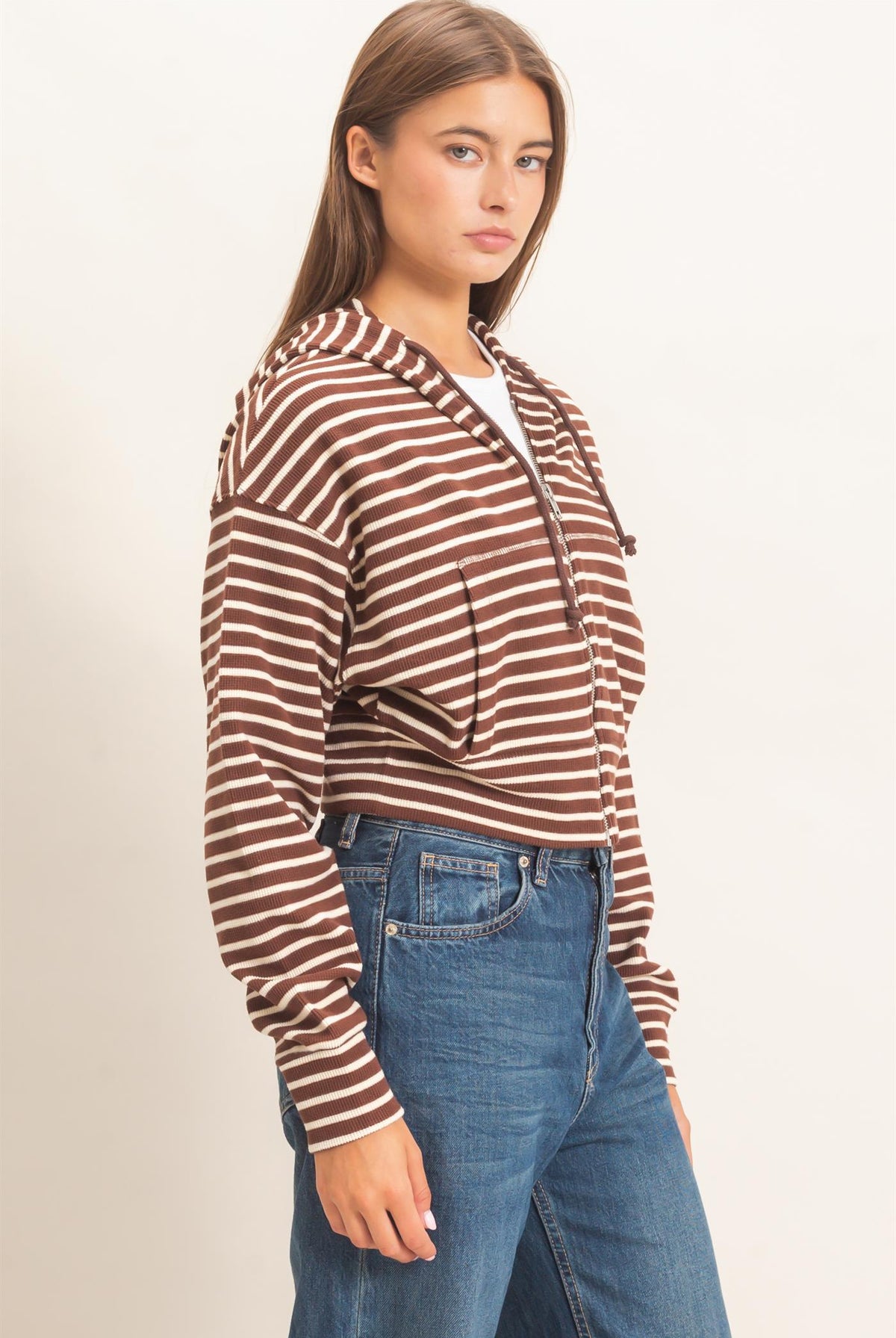 Wholesale Striped Zip-Up Hoodie Hoodies DZ26E433 DARK BROWN DOUBLE ZERO