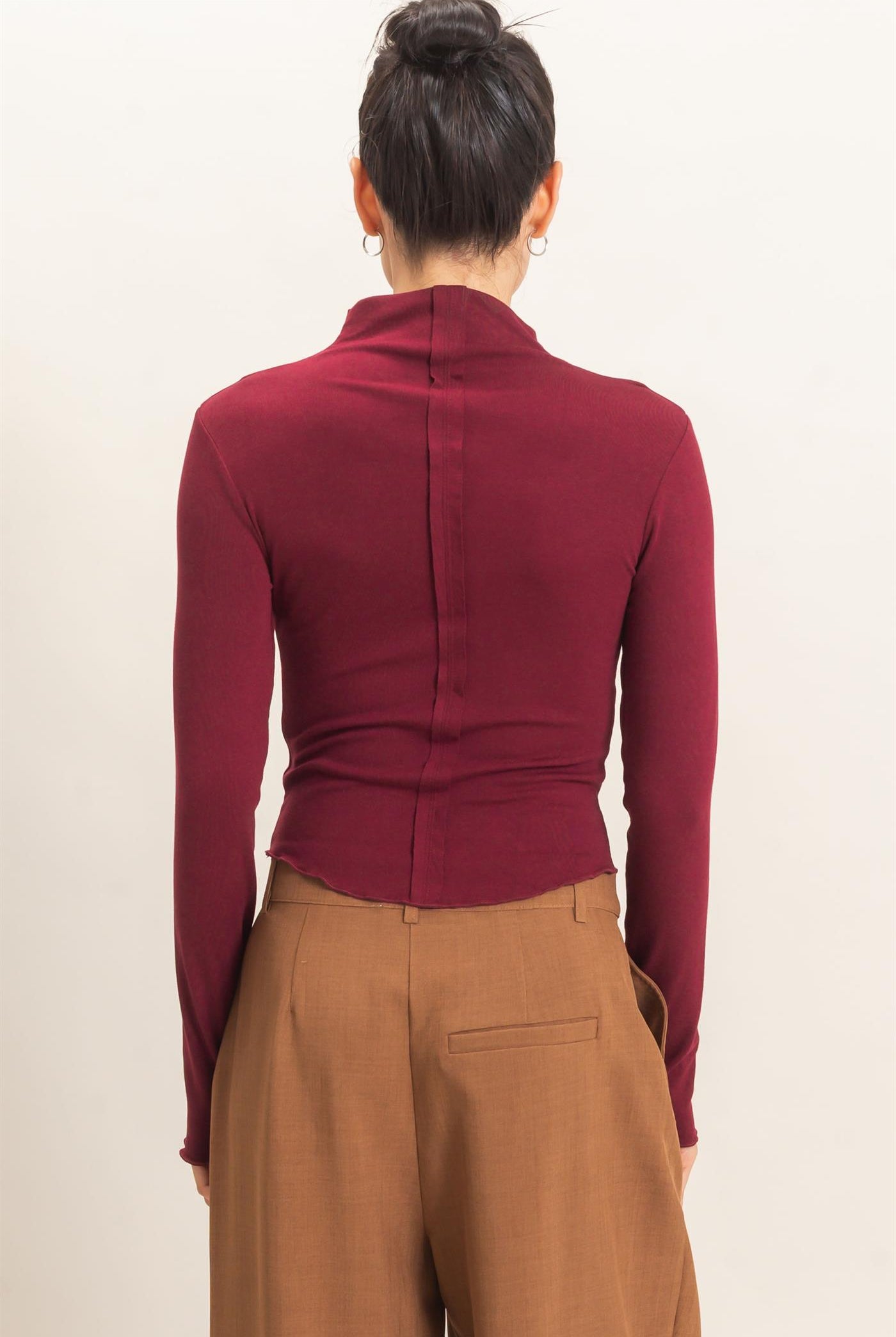 Wholesale Long Sleeve Lettuce Hem Top Clothing Tops HF26F122 BURGUNDY HYFVE