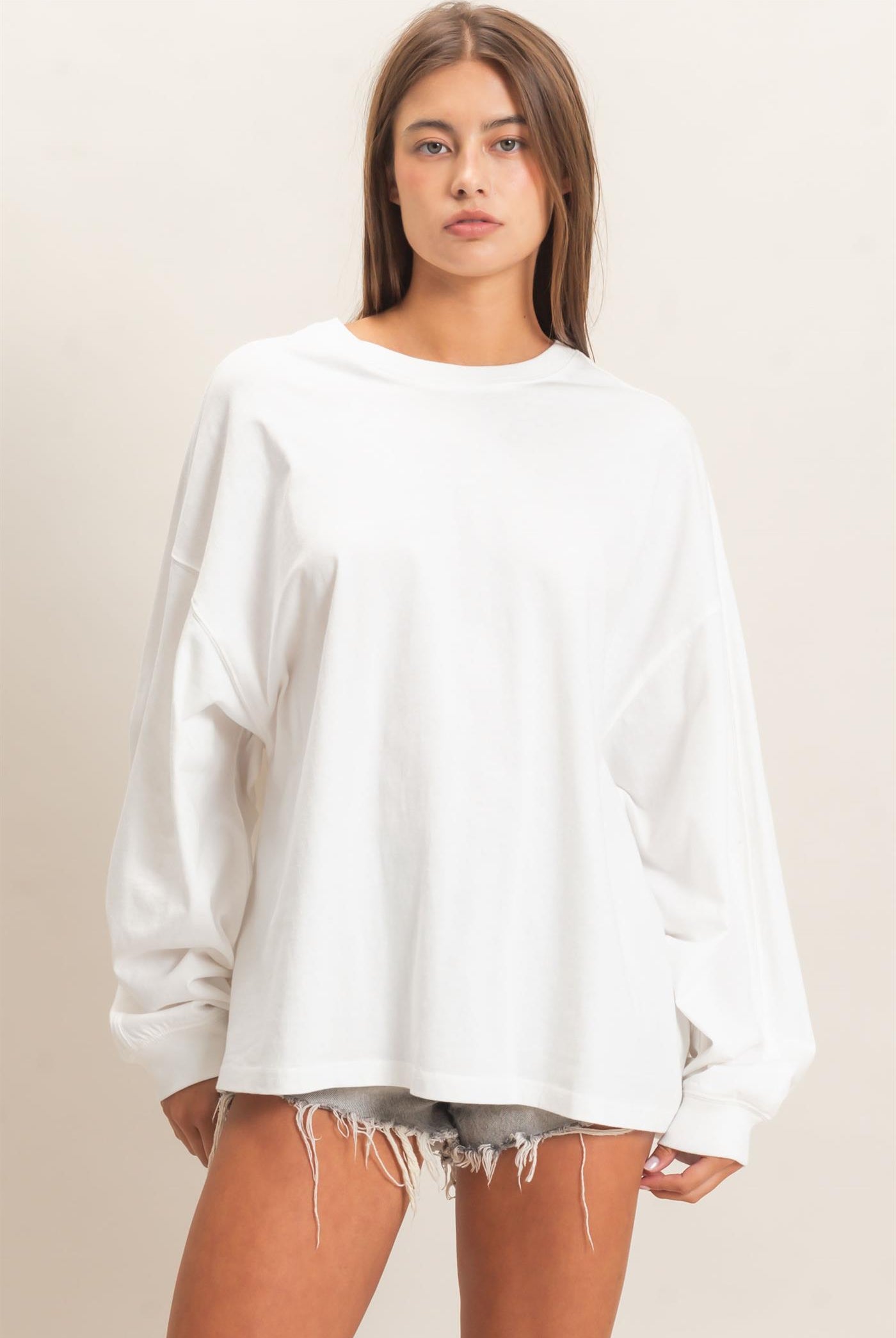 Wholesale Pigment Dye Oversized Long Sleeve Top Clothing Tops DZ26A825 WHITE DOUBLE ZERO
