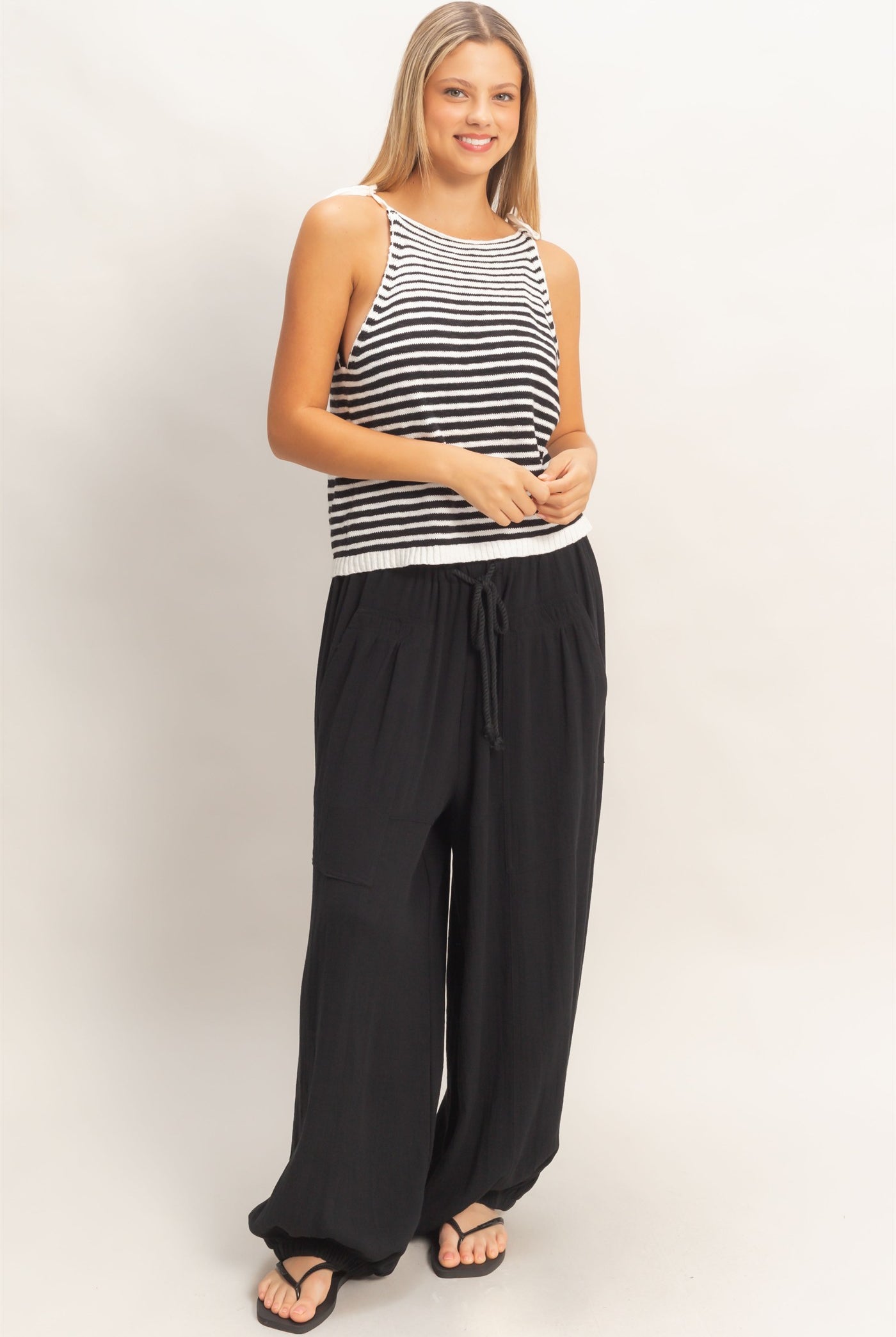 Wholesale Striped Knit Tie-Strap Tank Sweaters HF26A184 OFF WHITE HYFVE