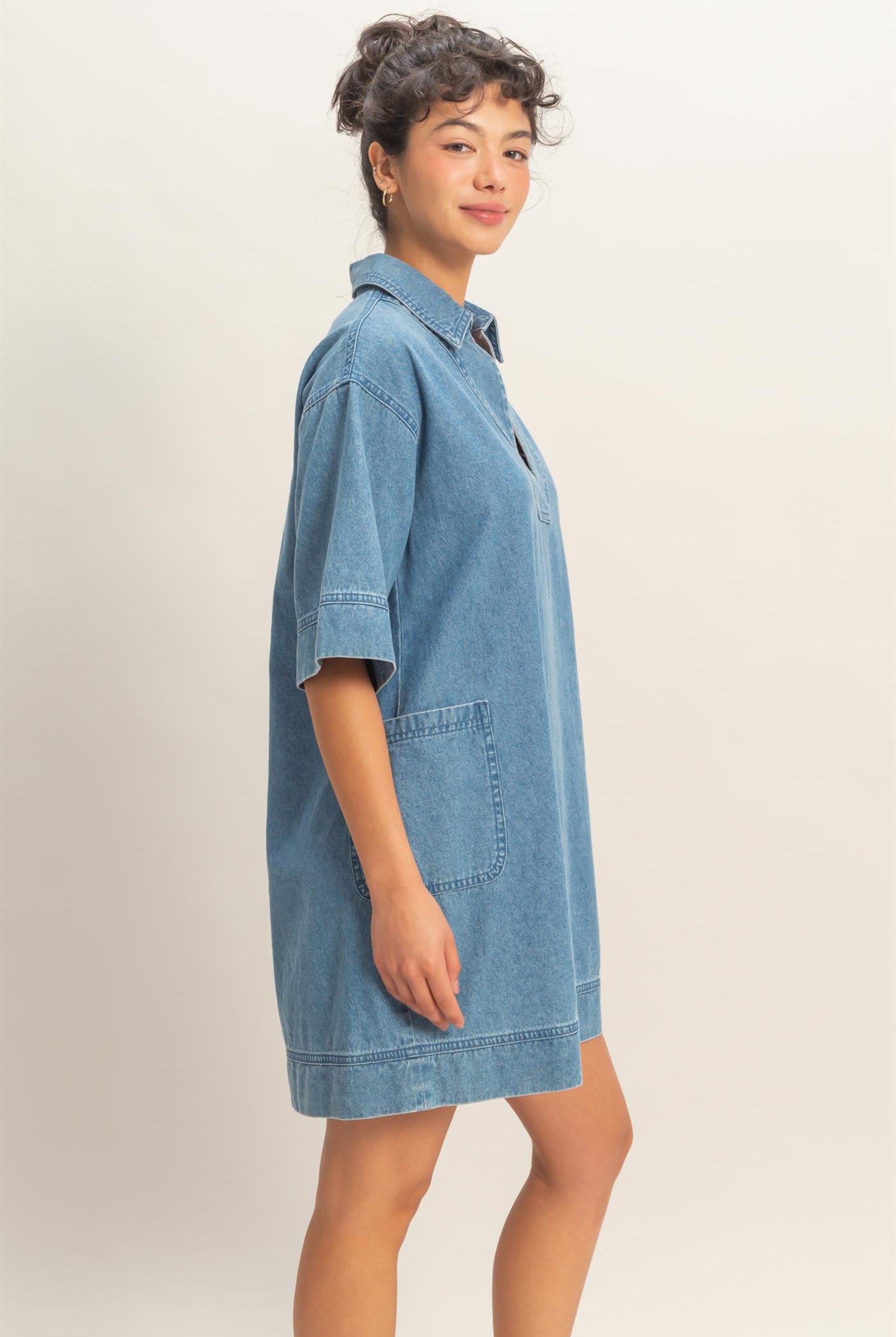 Wholesale Denim Collar Tunic Dress Dresses DZ25F163 MEDIUM BLUE DOUBLE ZERO