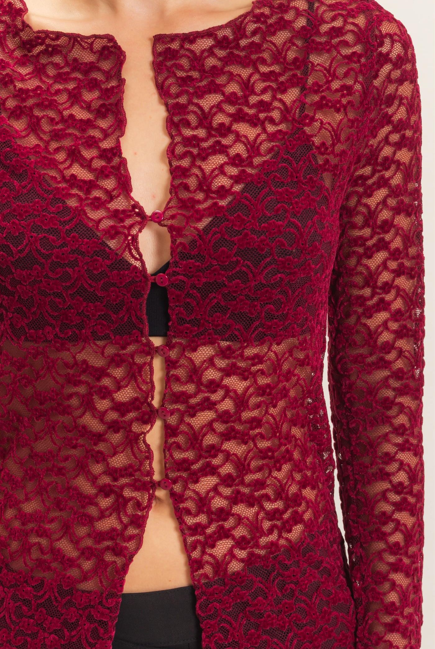 Wholesale Flocked Lace Long Sleeve Cardigan Clothing Tops HF26E415 BURGUNDY HYFVE