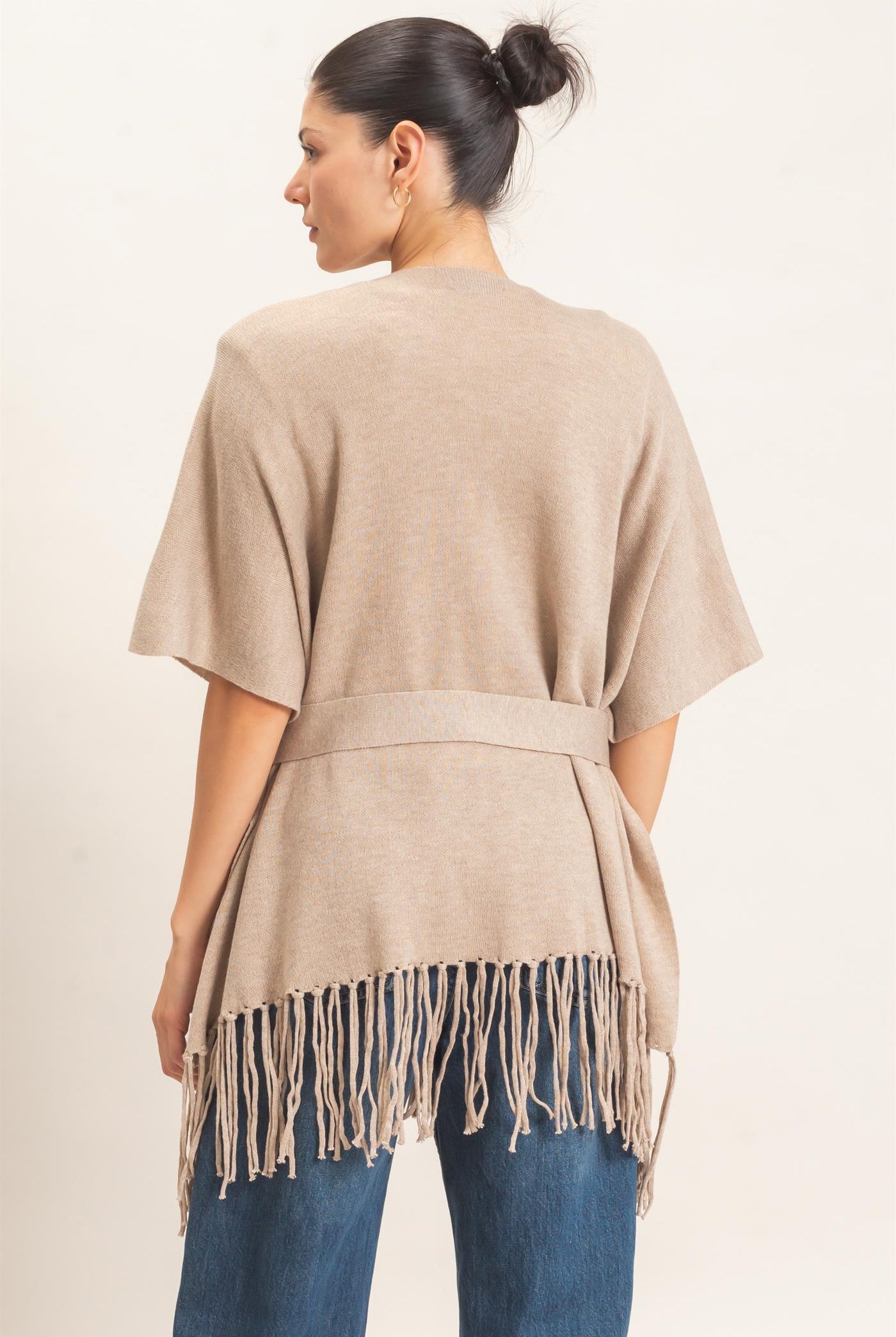 Wholesale Fringe Hem Kimono Sweater Kimonos HF26E041 CAMEL HYFVE