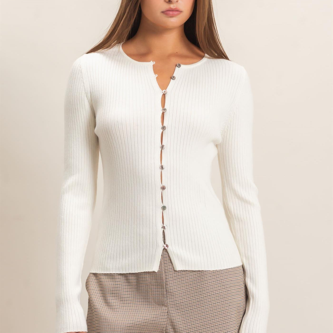 Wholesale Ribbed Button Front Cardigan Cardigans DZ26E322 CREAM DOUBLE ZERO