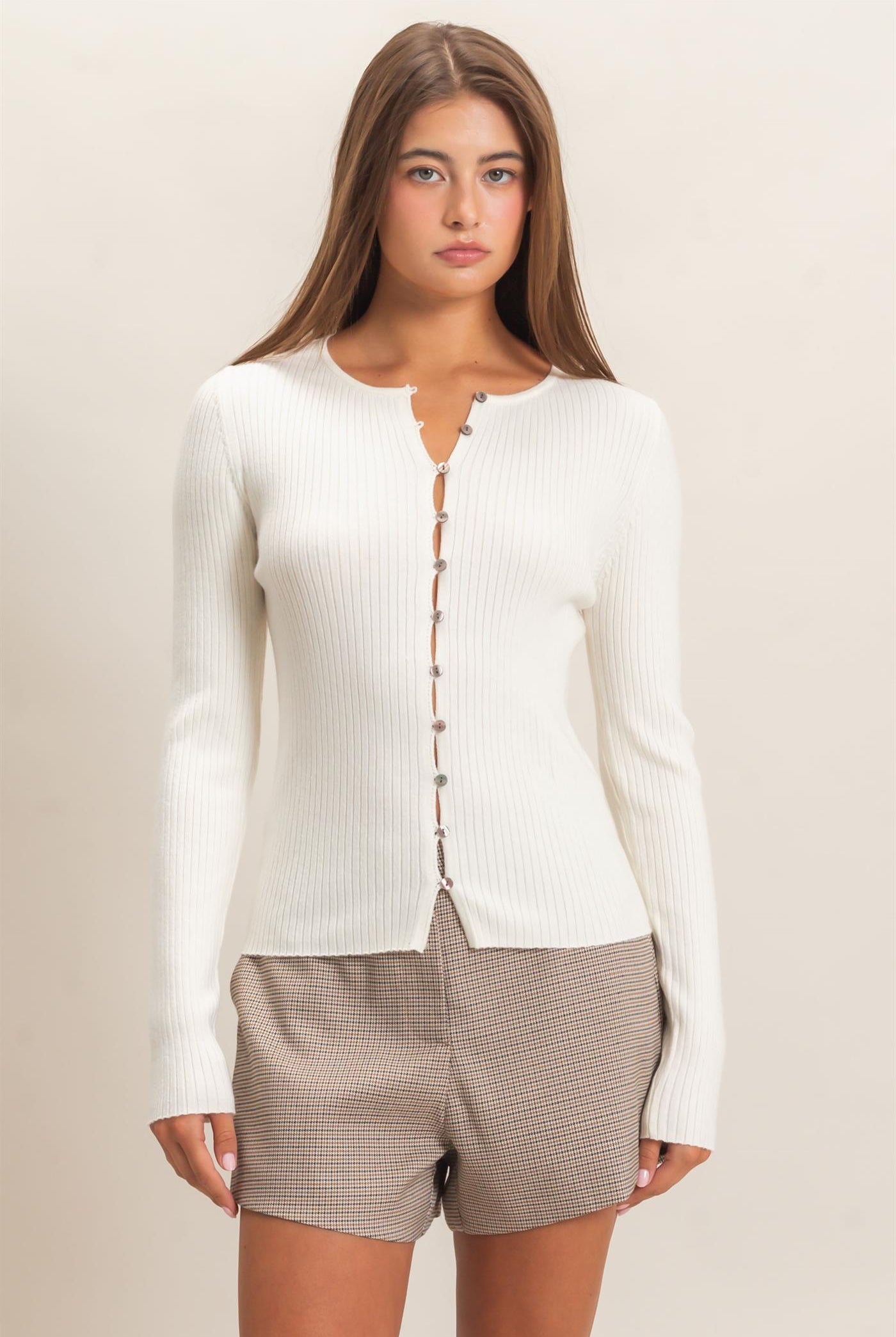 Wholesale Ribbed Button Front Cardigan Cardigans DZ26E322 CREAM DOUBLE ZERO