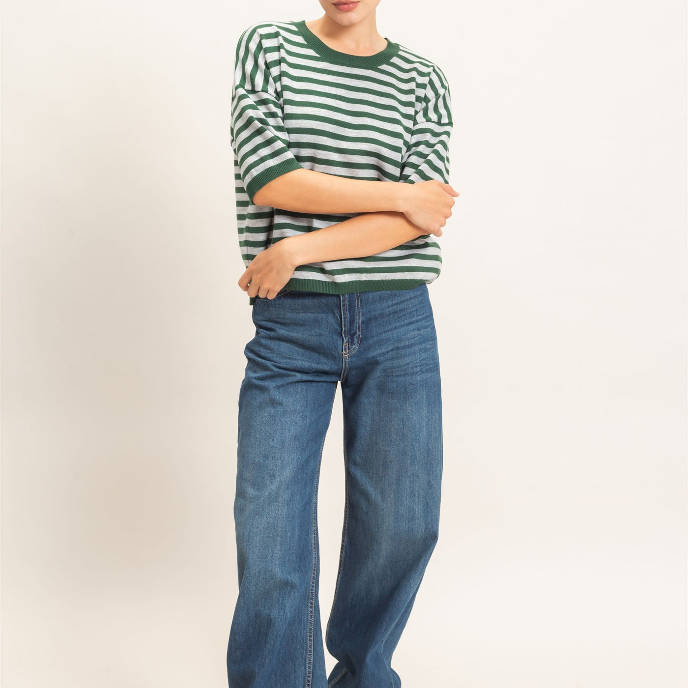 Wholesale Striped Crew Neck Sweater Sweaters HF26E234 HUNTER GREEN HYFVE