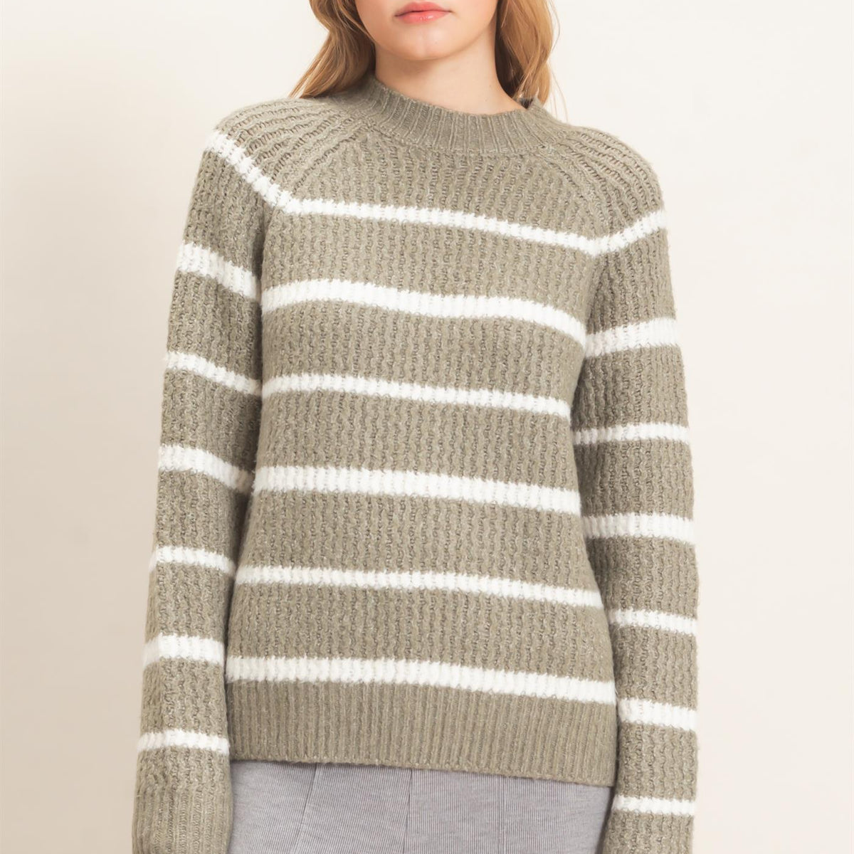 Wholesale Textured Striped Mock Neck Sweater Sweaters HF26E765 OLIVE HYFVE