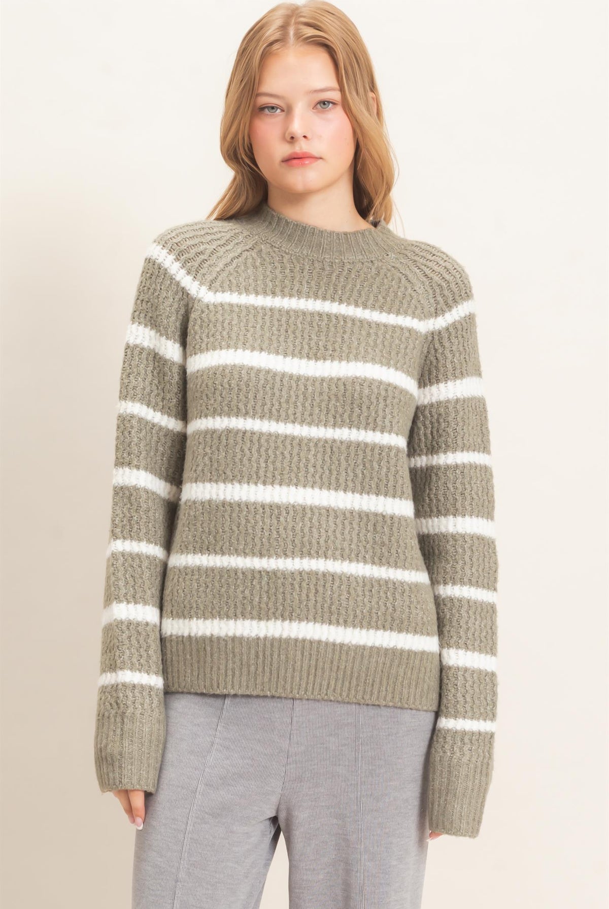 Wholesale Textured Striped Mock Neck Sweater Sweaters HF26E765 OLIVE HYFVE