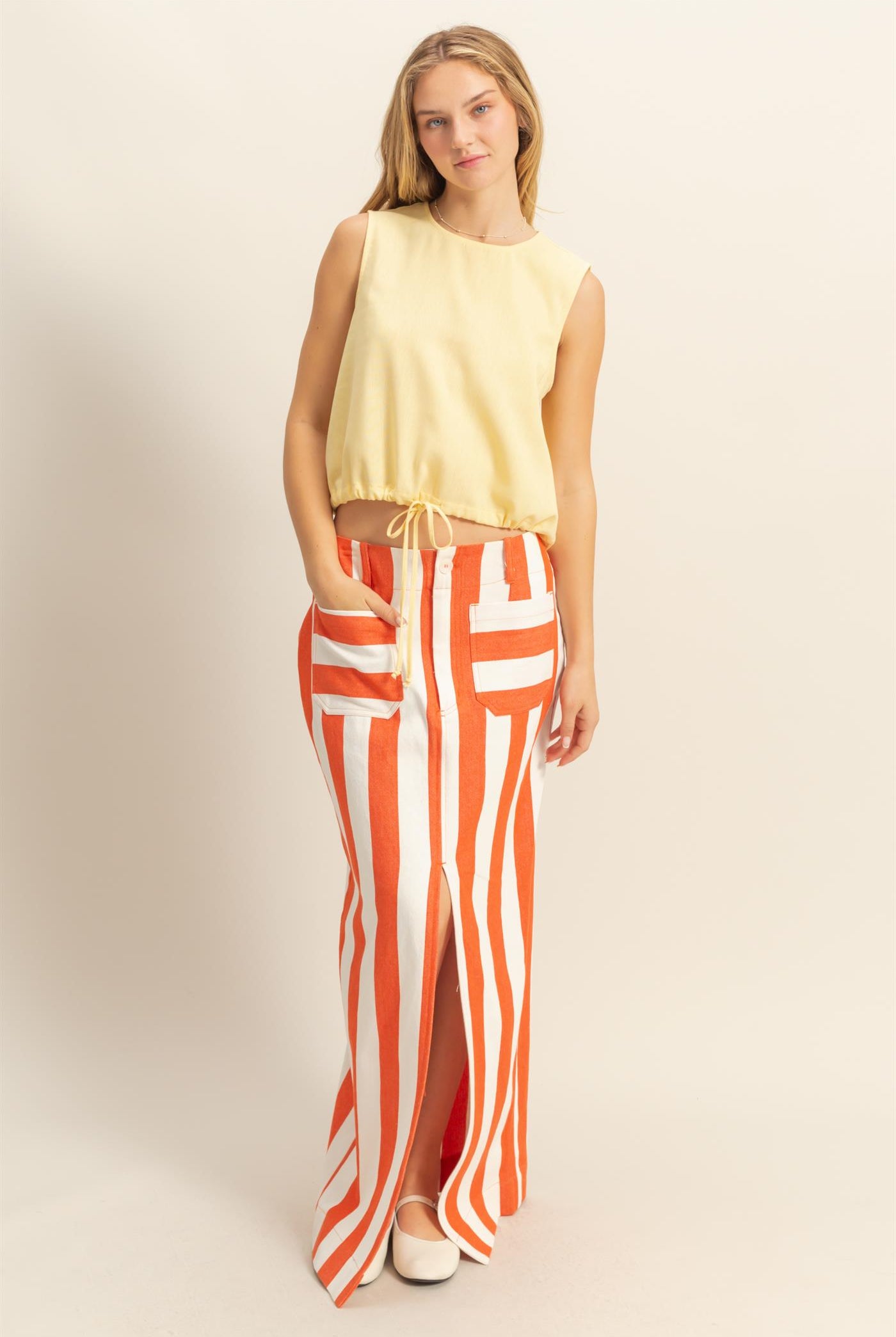 Wholesale Sand Washed Sleeveless Crop Top Clothing Tops DZ25C515 CREAMY YELLOW DOUBLE ZERO