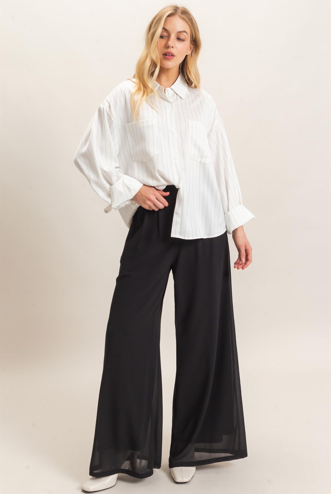 Wholesale Striped Button-Up Blouse Blouses HF26C953 WHITE HYFVE
