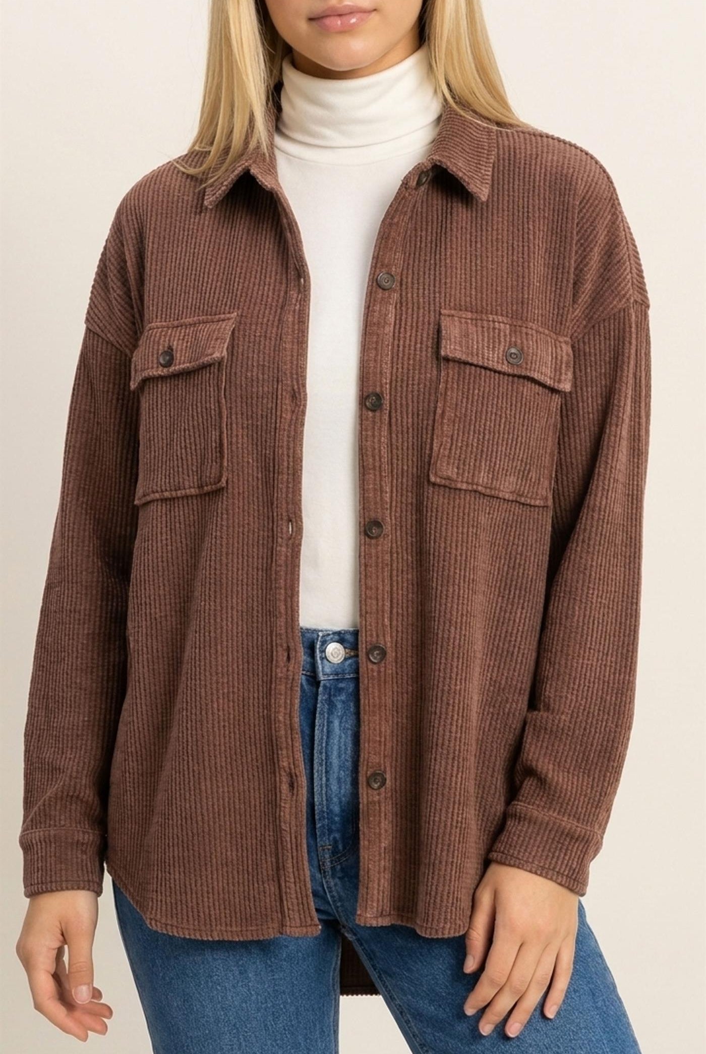 Wholesale Mineral Wash Waffle Knit Button-Up Shacket Coats & Jackets DZ26E249 DARK BROWN DOUBLE ZERO