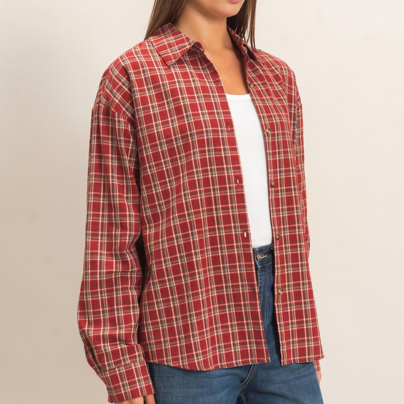Wholesale Plaid Oversized Shirt Shirts DZ26F062 DARK RED DOUBLE ZERO