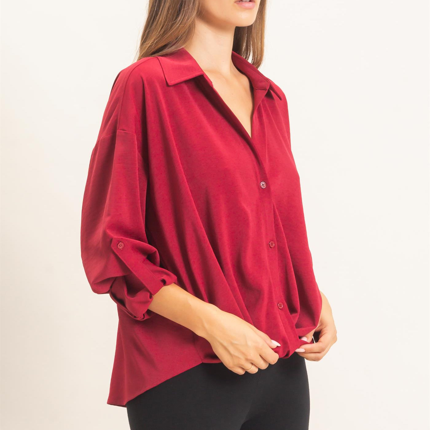 Wholesale Button-Up Dolman Sleeve Top Shirts HF26F070 BURGUNDY HYFVE
