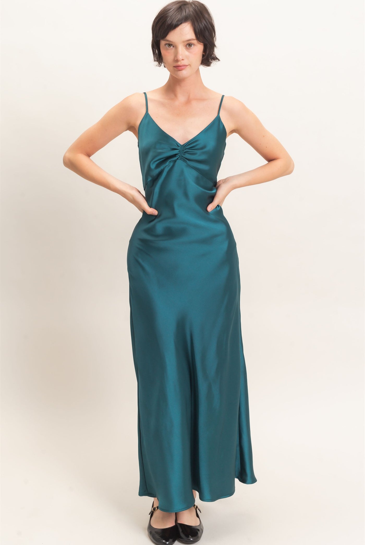 Wholesale Satin Slip Dress With Spaghetti Straps Dresses DZ26E380 DARK TEAL DOUBLE ZERO