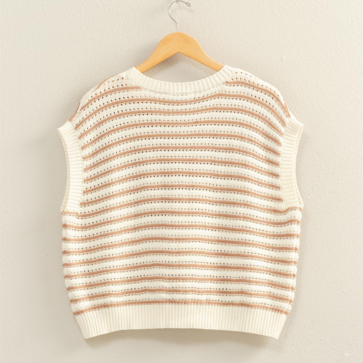 Wholesale Striped Sleeveless Crew Neck Top Sweaters DZ26A222 DARK TAUPE DOUBLE ZERO