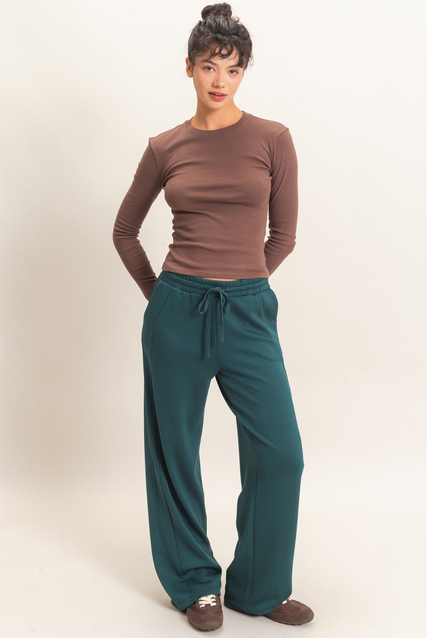 Wholesale Elastic Waist Straight Leg Pants Pants DZ26C969 DEEP GREEN DOUBLE ZERO