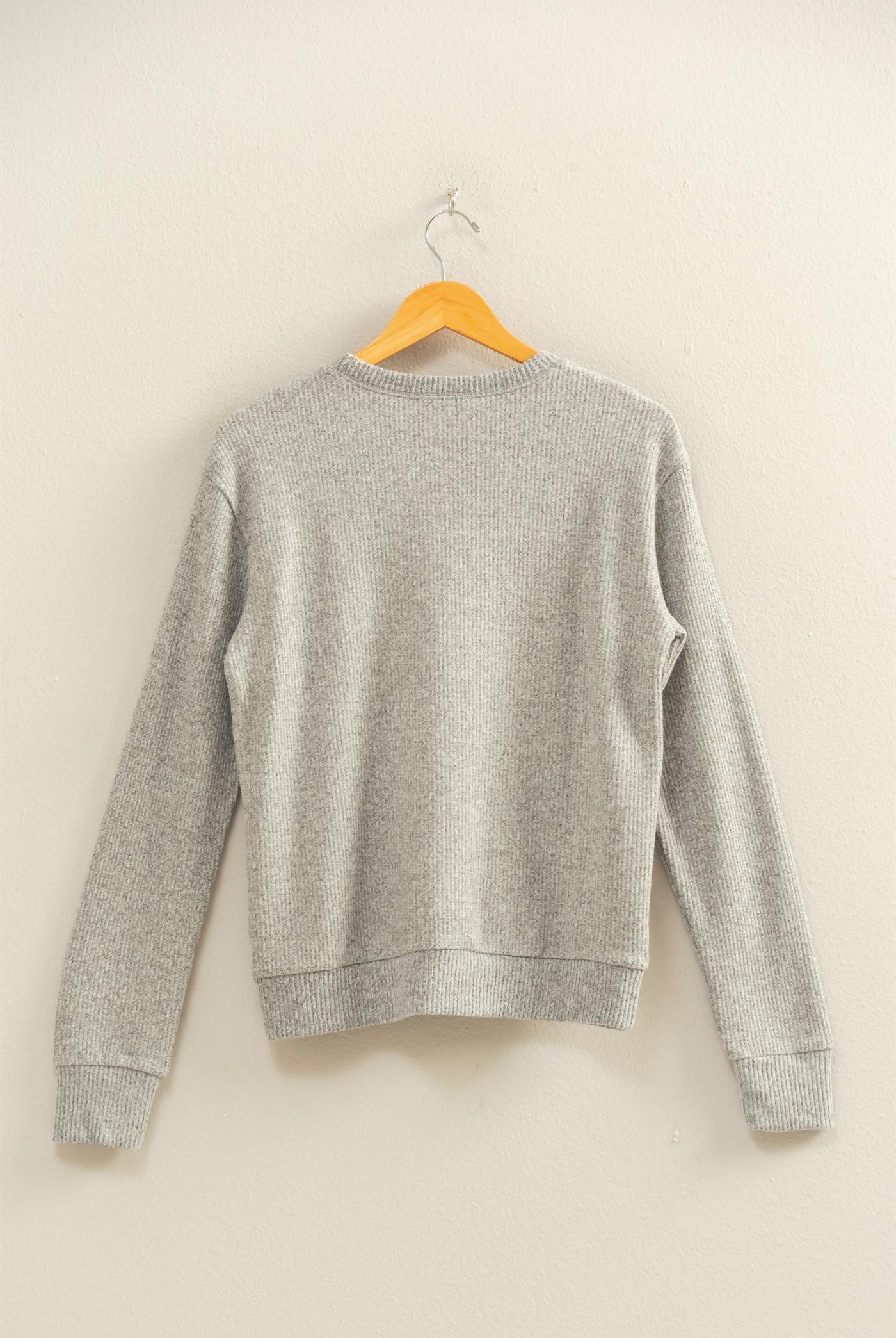 Wholesale Brushed Waffle Crew Neck Long Sleeve Top Clothing Tops DZ26A177 HEATHER GRAY DOUBLE ZERO