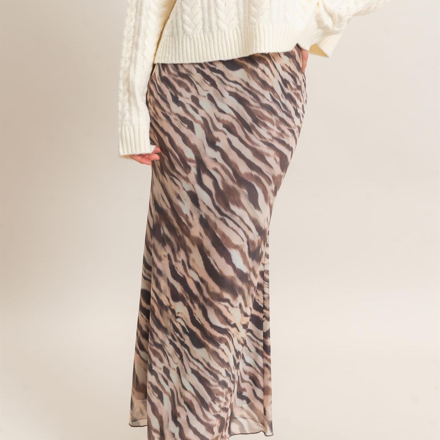 Wholesale Printed Mesh Maxi Skirt Skirts HF26F214 TAUPE/ANIMAL HYFVE