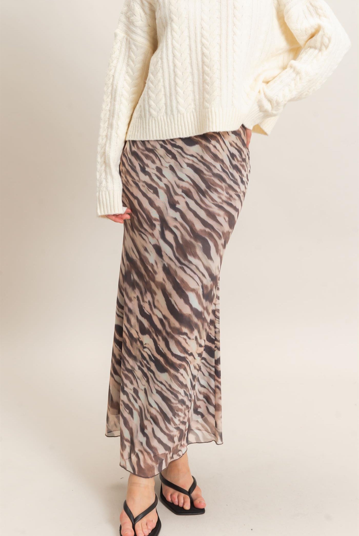 Wholesale Printed Mesh Maxi Skirt Skirts HF26F214 TAUPE/ANIMAL HYFVE