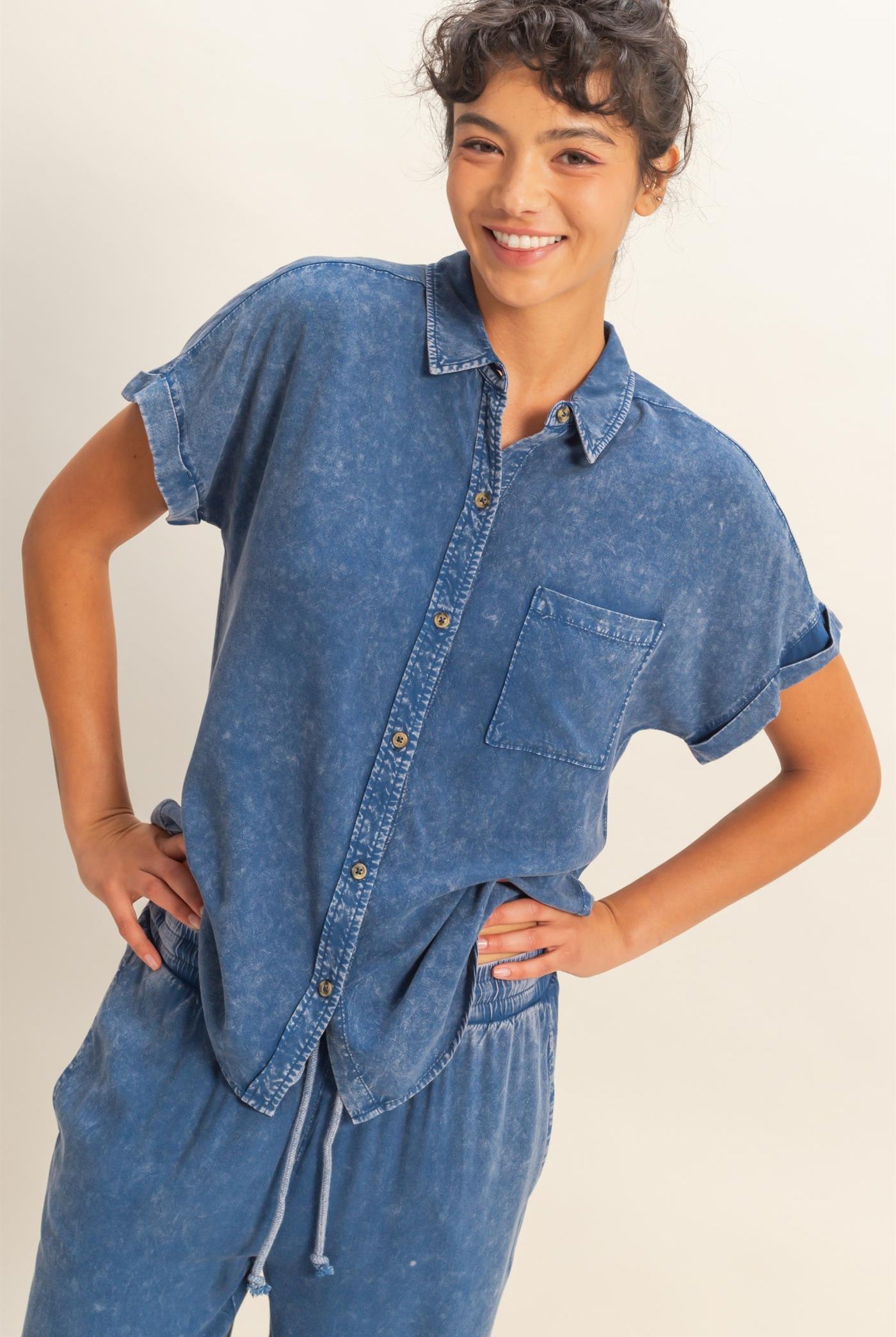 Wholesale Mineral Wash Button-Up Dolman Sleeve Shirt Shirts DZ26C132 NAVY DOUBLE ZERO