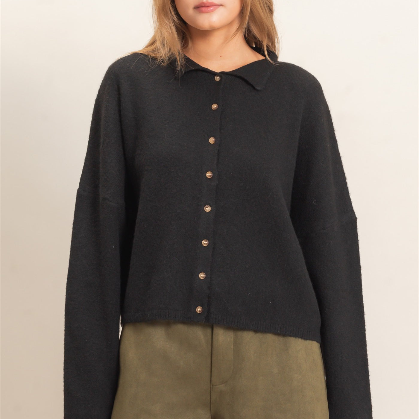 Wholesale Button-Up Collared Sweater Cardigan Cardigans HF26E039 BLACK HYFVE