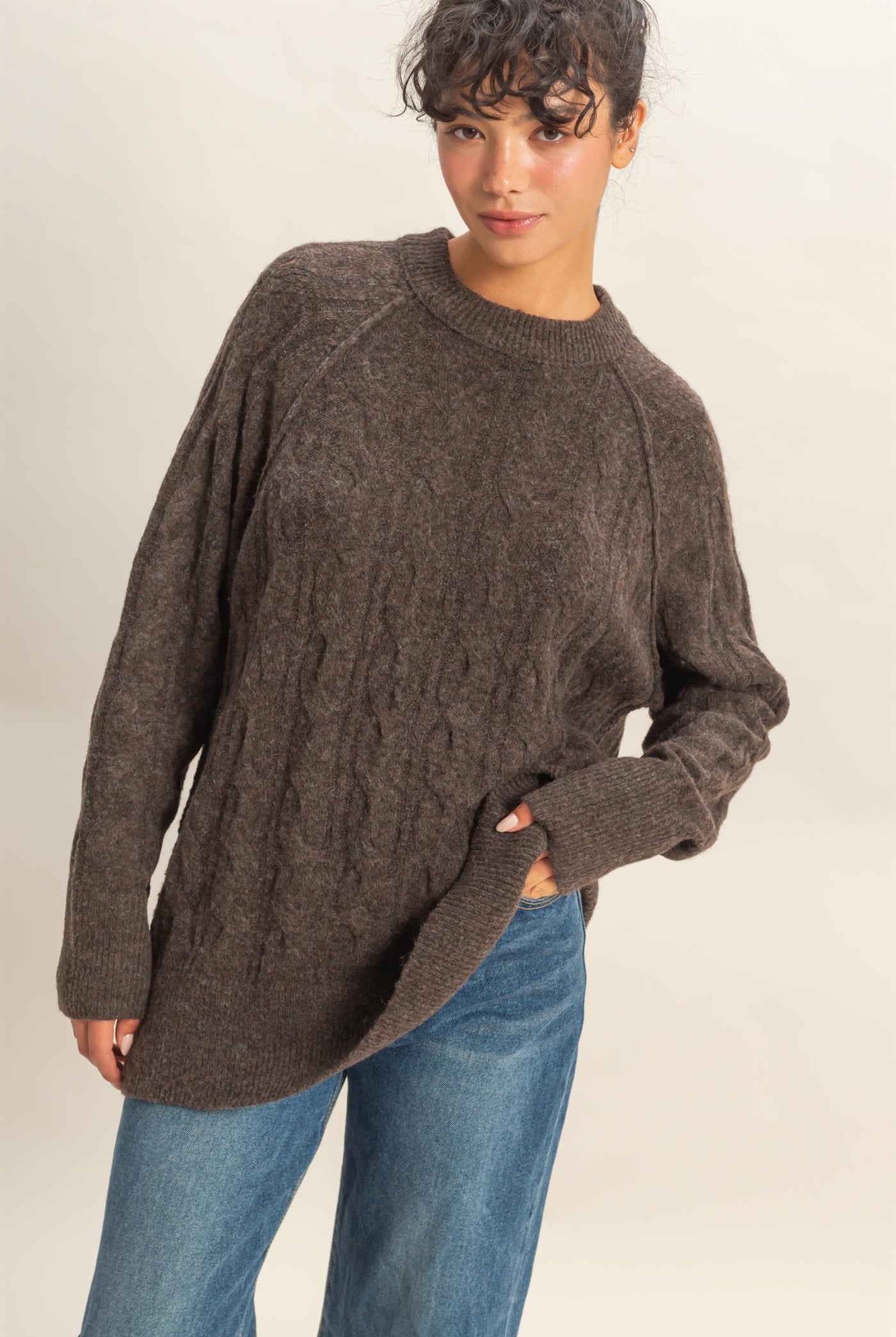 Wholesale Crew Neck Cable Knit Sweater Pullover Sweaters DZ25E957 CHESTNUT HYFVE