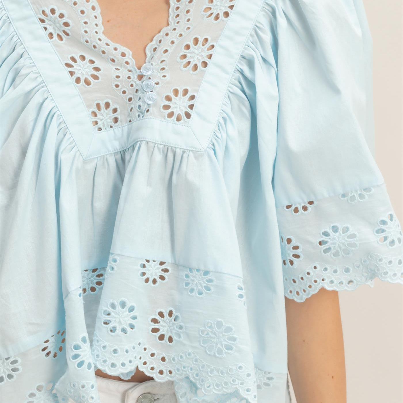 Wholesale Scalloped Eyelet Babydoll Top Clothing Tops HF26C293 LIGHT BLUE HYFVE