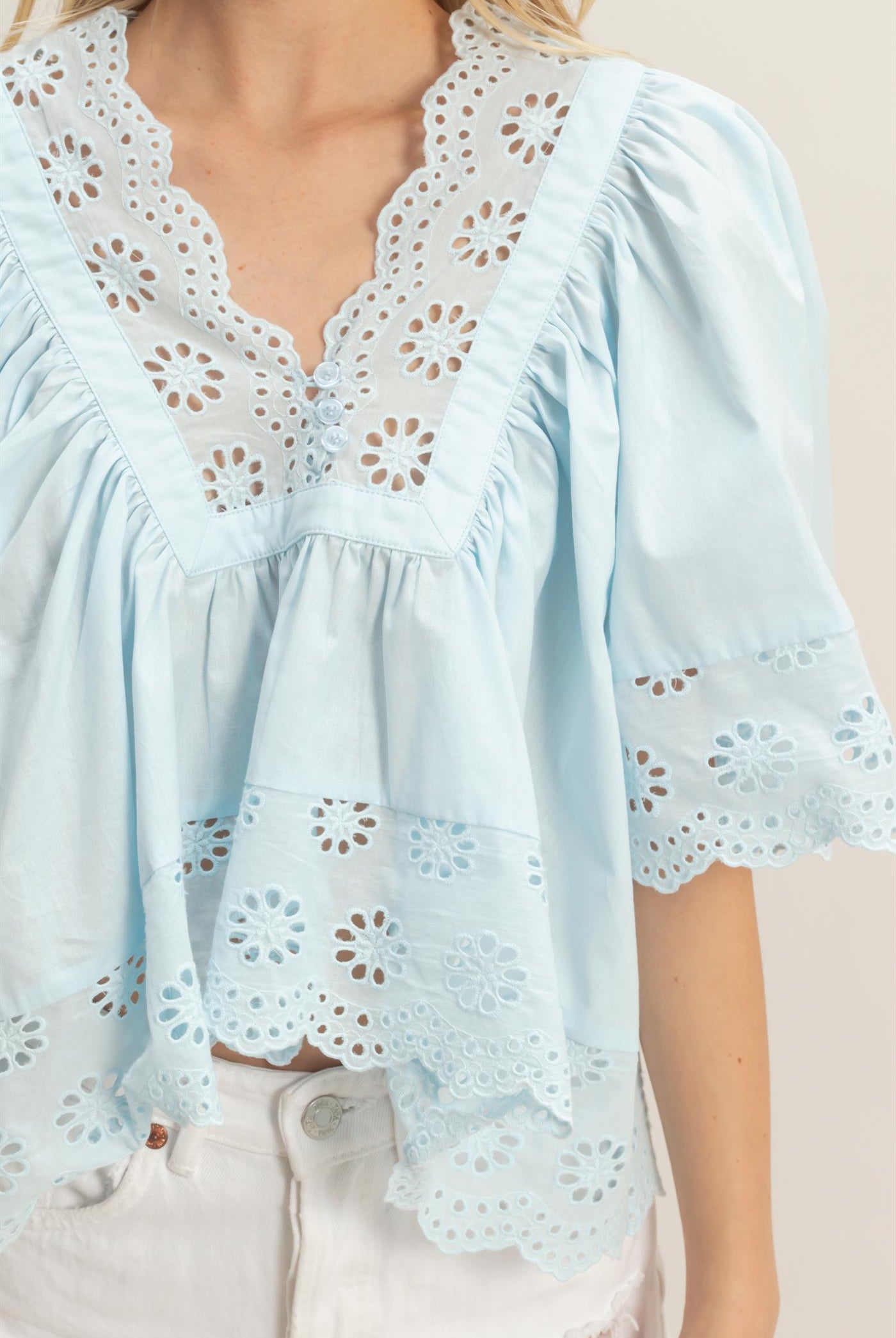 Wholesale Scalloped Eyelet Babydoll Top Clothing Tops HF26C293 LIGHT BLUE HYFVE