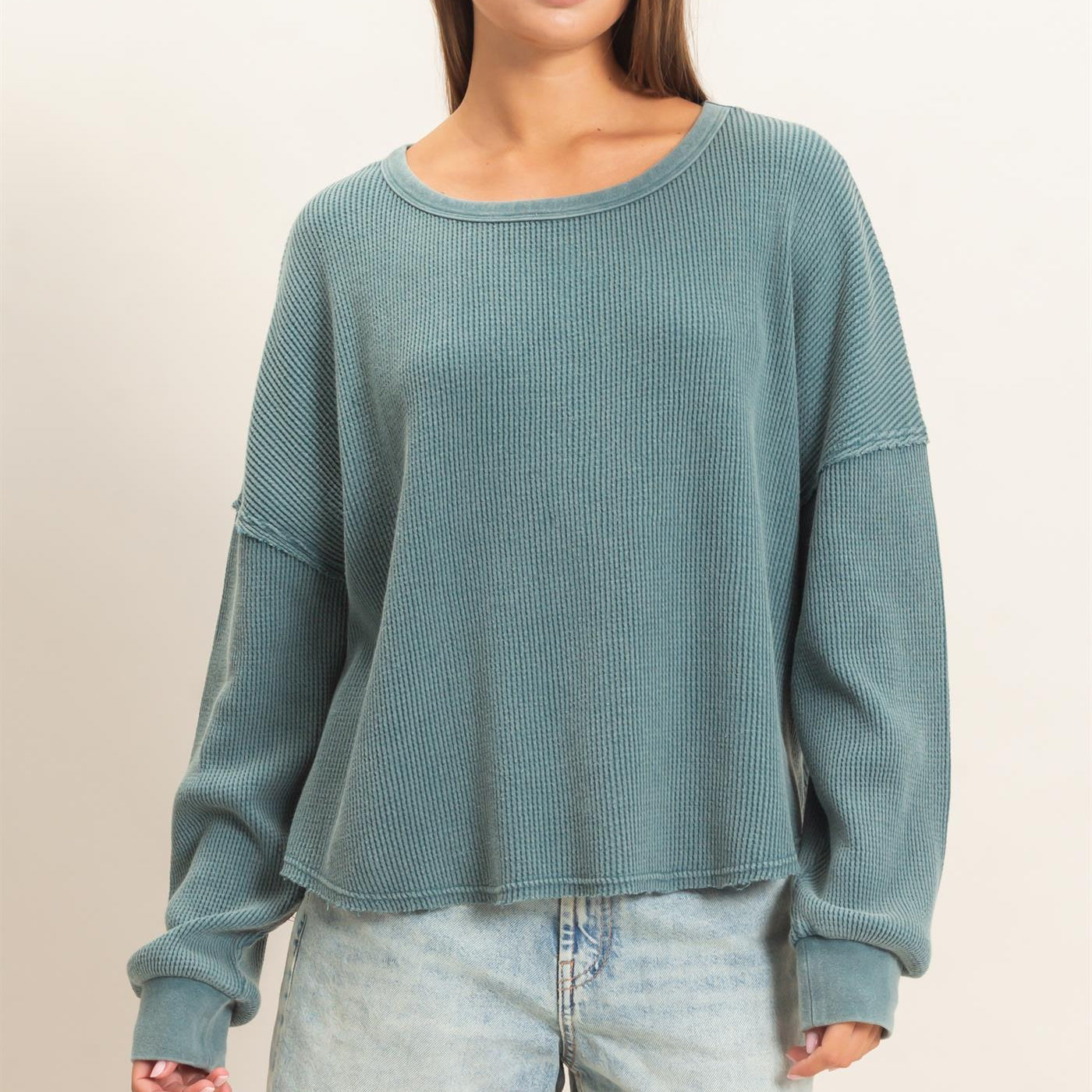 Wholesale Mineral Wash Waffle Oversized Top Clothing Tops DZ26E248 DARK TEAL DOUBLE ZERO