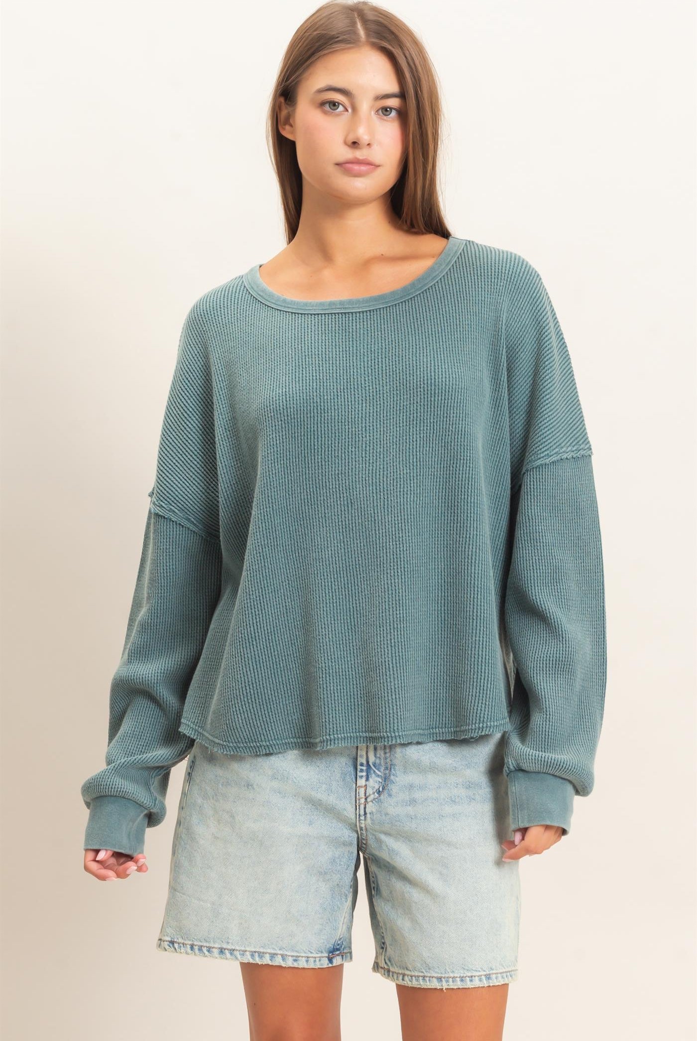Wholesale Mineral Wash Waffle Oversized Top Clothing Tops DZ26E248 DARK TEAL DOUBLE ZERO