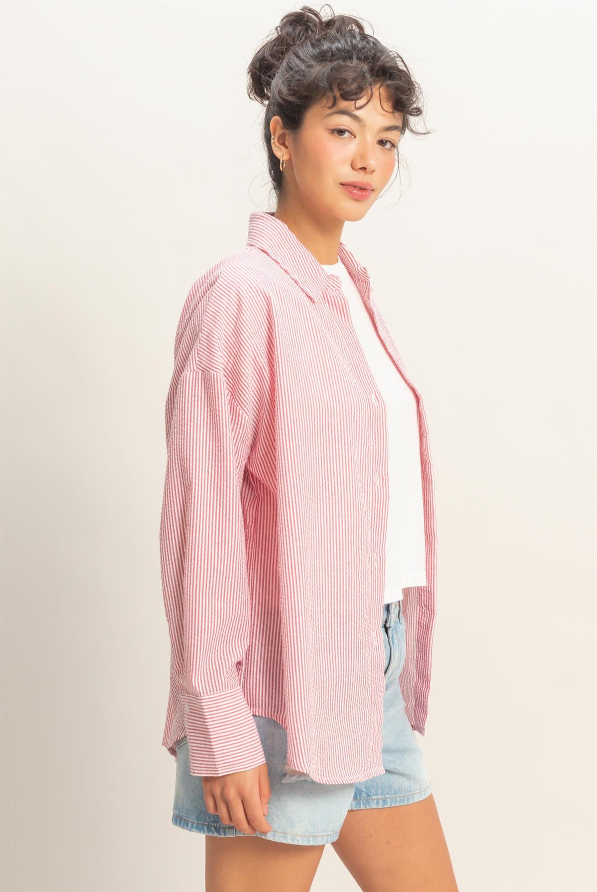 Wholesale Striped Button-Up Shirt Shirts DZ26A737 RED DOUBLE ZERO