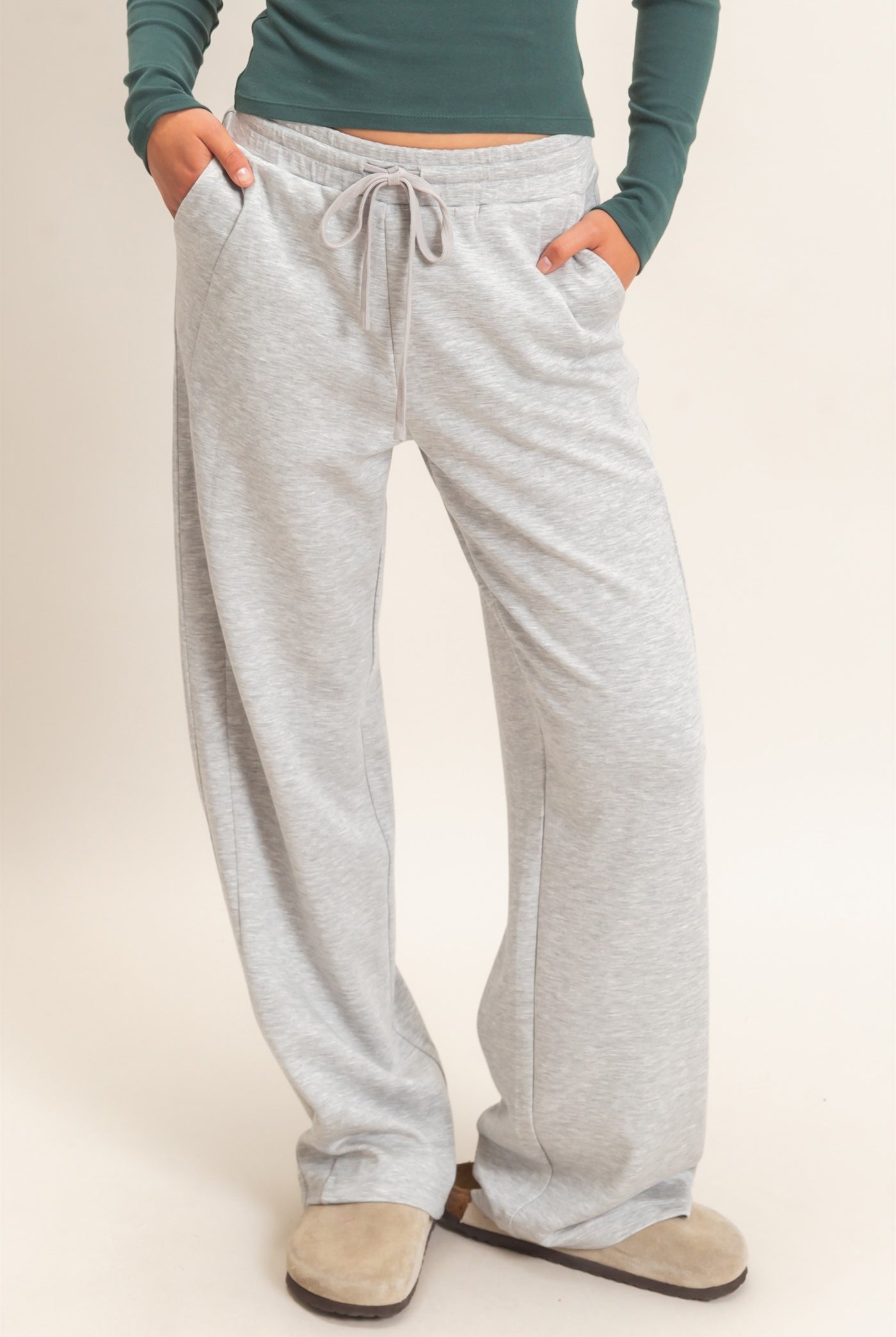 Wholesale Elastic Waist Straight Leg Pants Pants DZ26C969 HEATHER GRAY DOUBLE ZERO